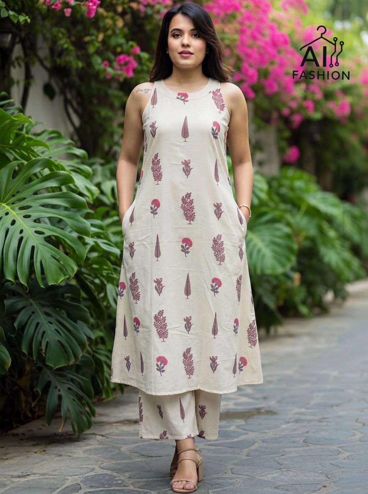 INLI SUMMER SPECIAL 2.0 COTTON PRINT LONG FLARED KURTI WITH BOTTOM PAIR 