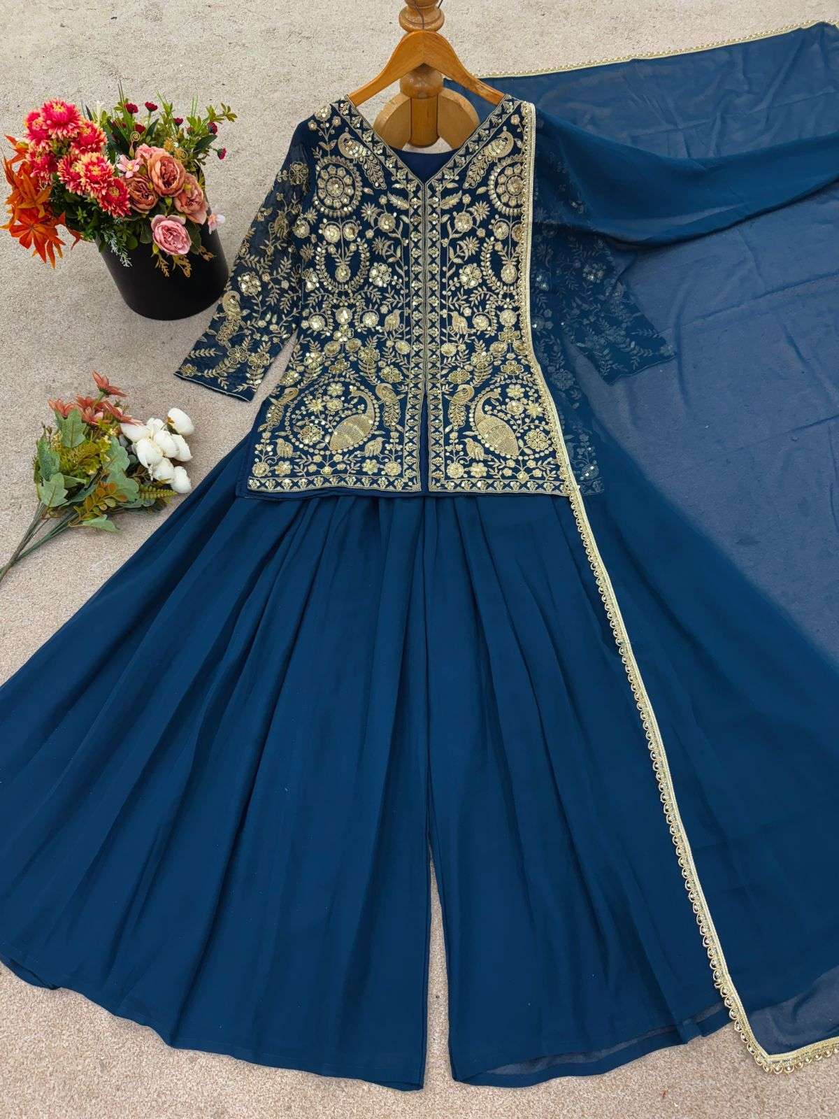 JF 013 GEORGETTE BEAUTIFUL DESIGNER WORK TOP PLAZZO AND DUPATTA 