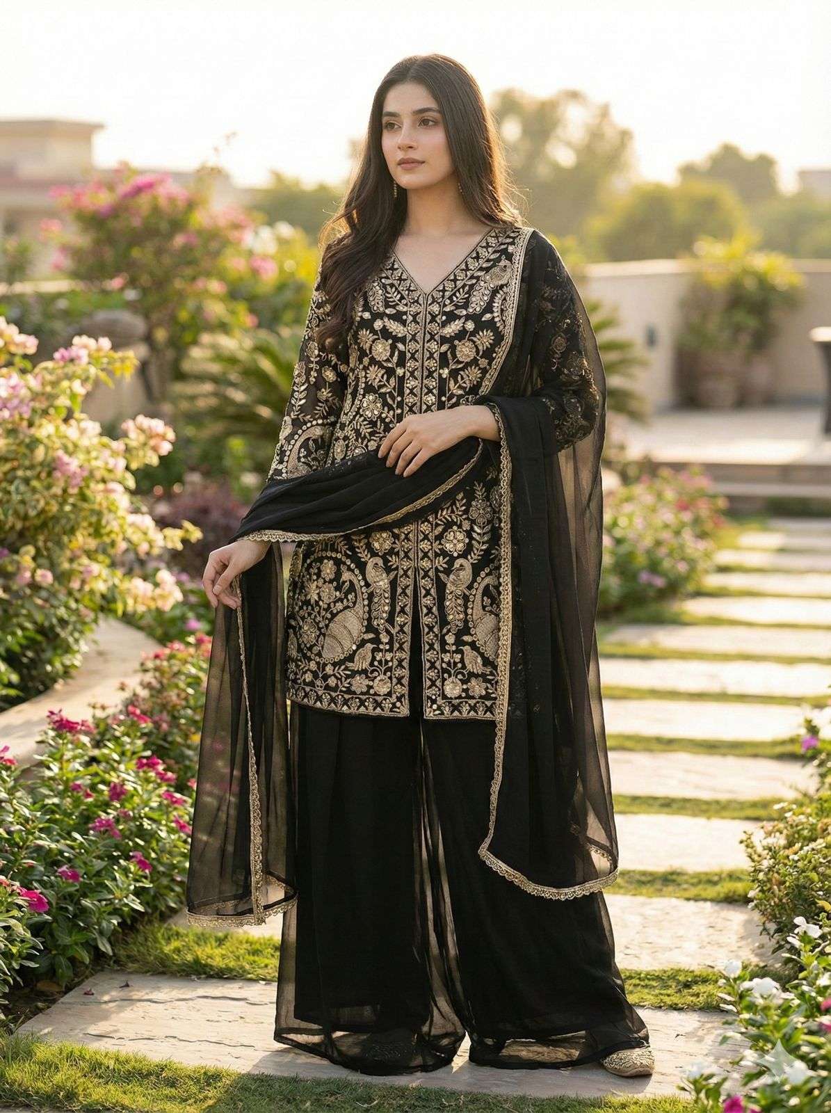 JF 013 GEORGETTE BEAUTIFUL DESIGNER WORK TOP PLAZZO AND DUPATTA 