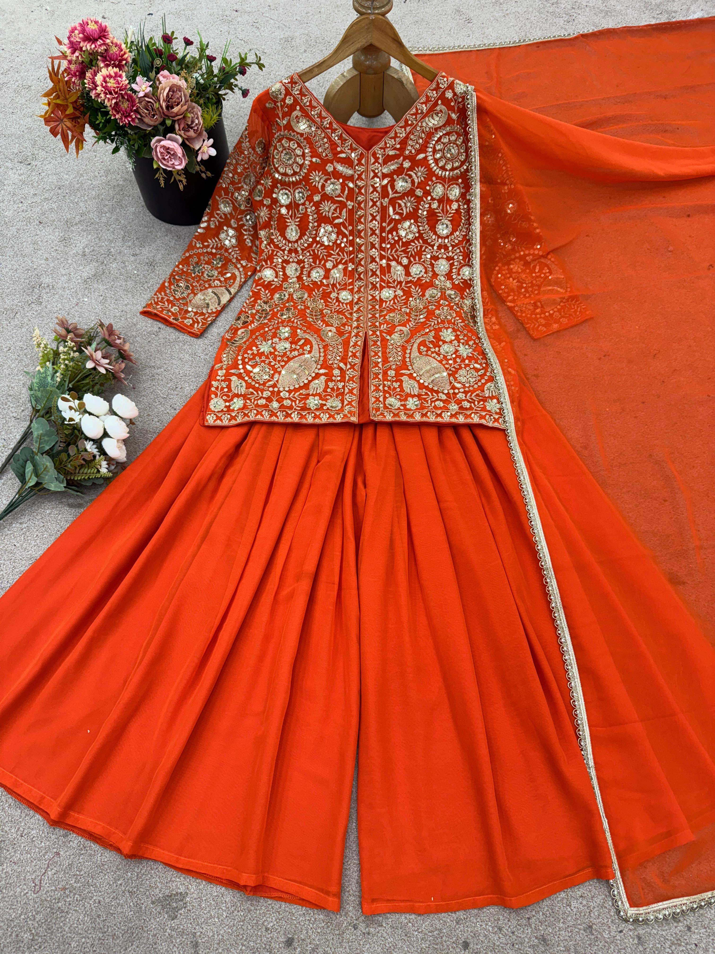 JF 013 GEORGETTE BEAUTIFUL DESIGNER WORK TOP PLAZZO AND DUPATTA 