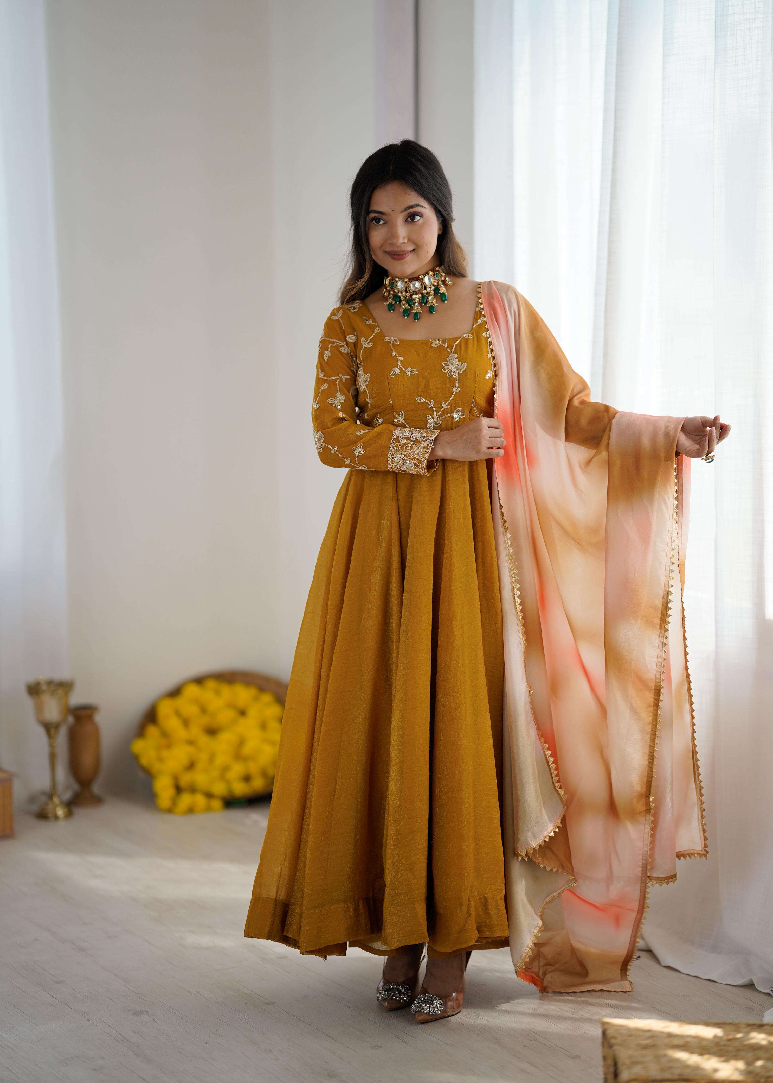JF 029 SILK SEQUENCE EMBROIDERY DESIGNER WORK GOWN BOTTOM AND DUPATTA SET 