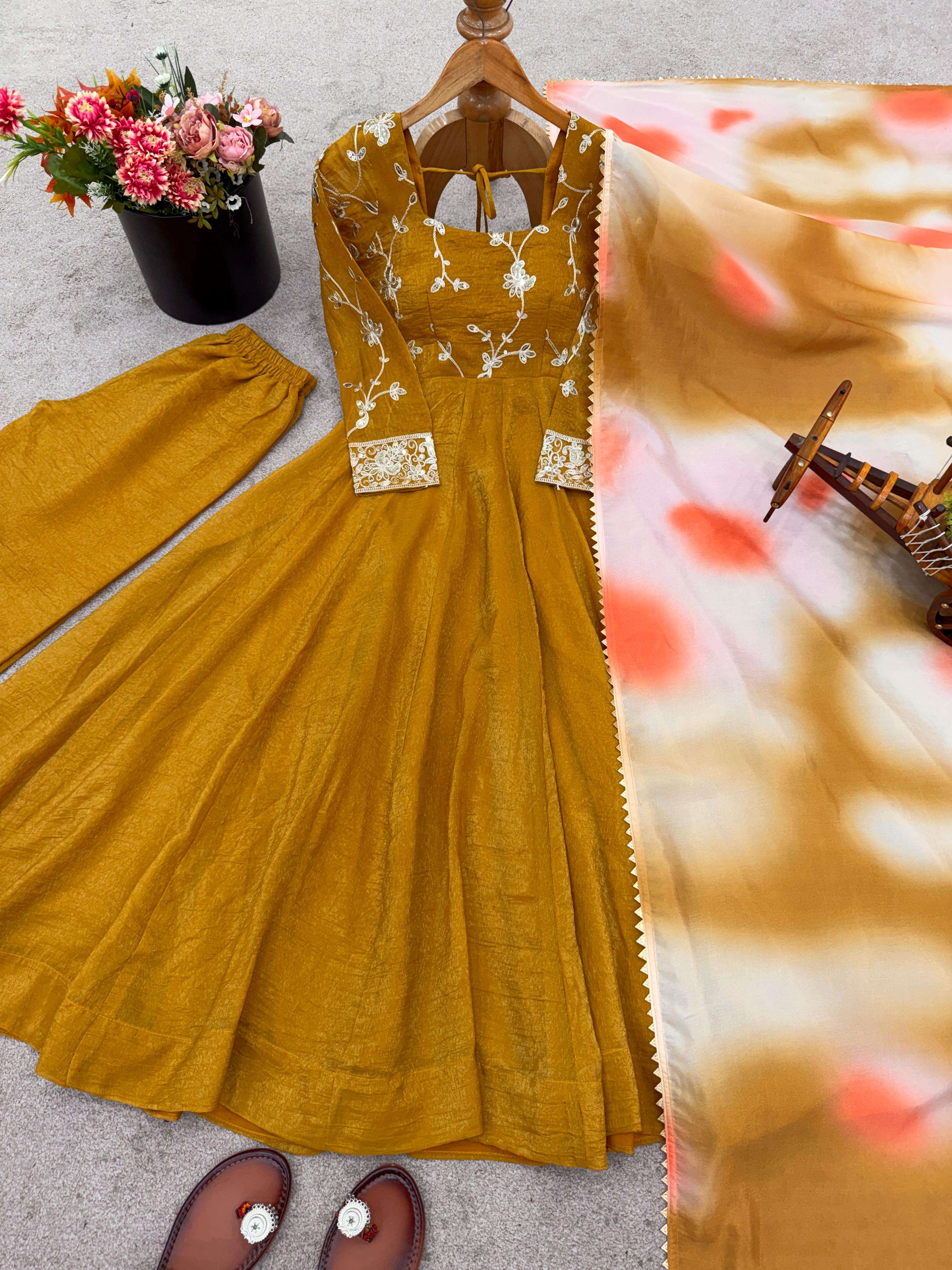 JF 029 SILK SEQUENCE EMBROIDERY DESIGNER WORK GOWN BOTTOM AND DUPATTA SET 