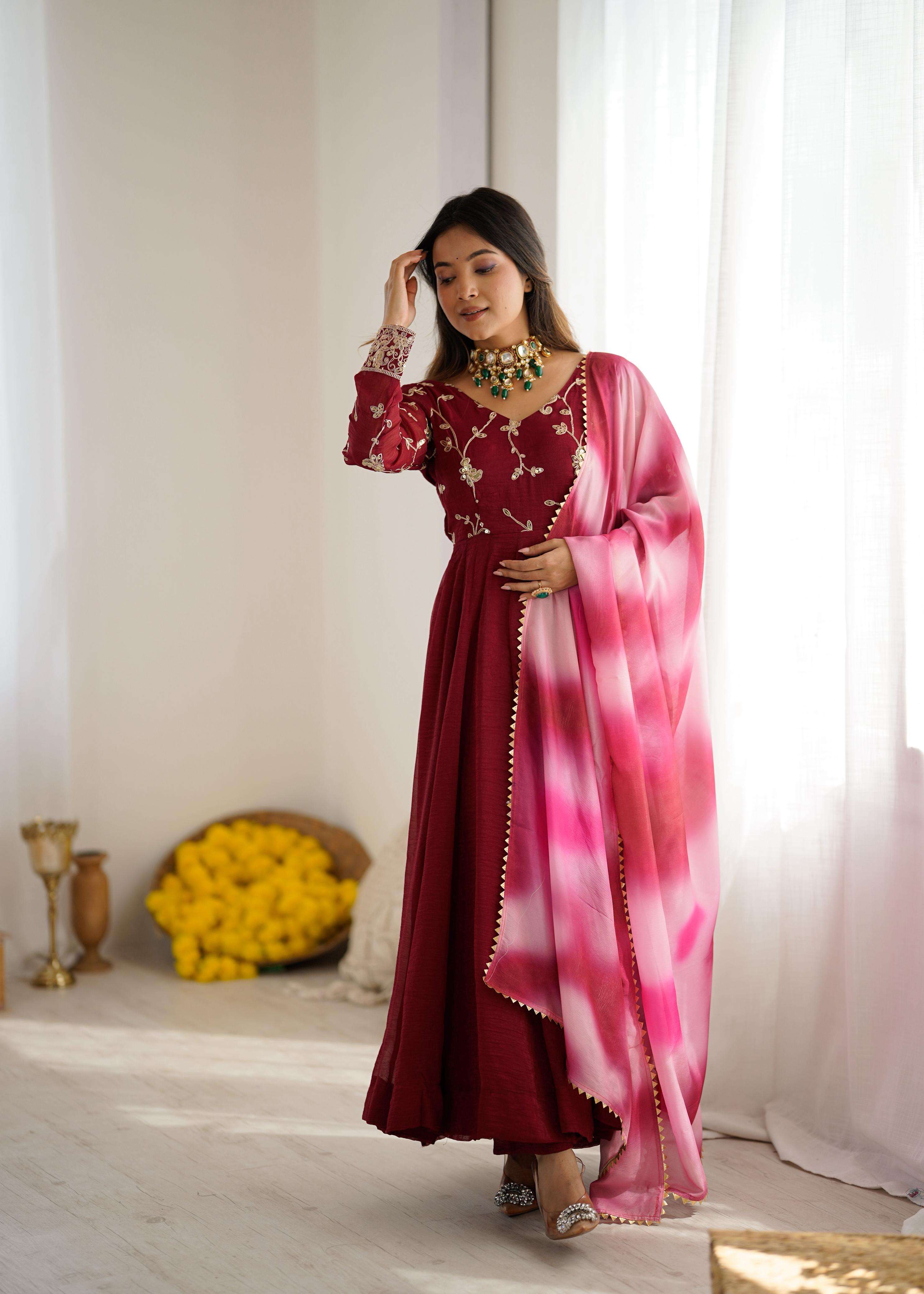 JF 029 SILK SEQUENCE EMBROIDERY DESIGNER WORK GOWN BOTTOM AND DUPATTA SET 