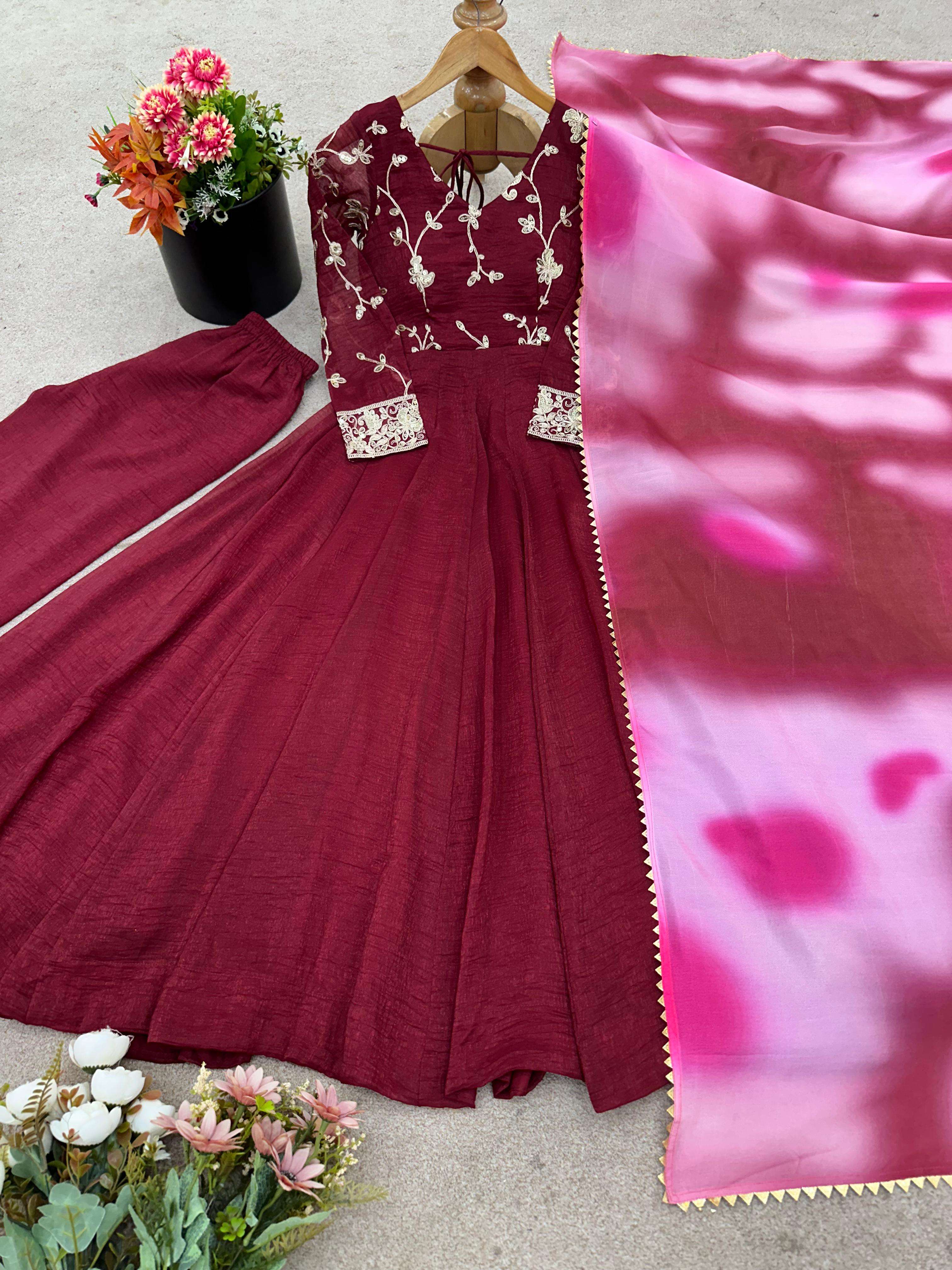 JF 029 SILK SEQUENCE EMBROIDERY DESIGNER WORK GOWN BOTTOM AND DUPATTA SET 