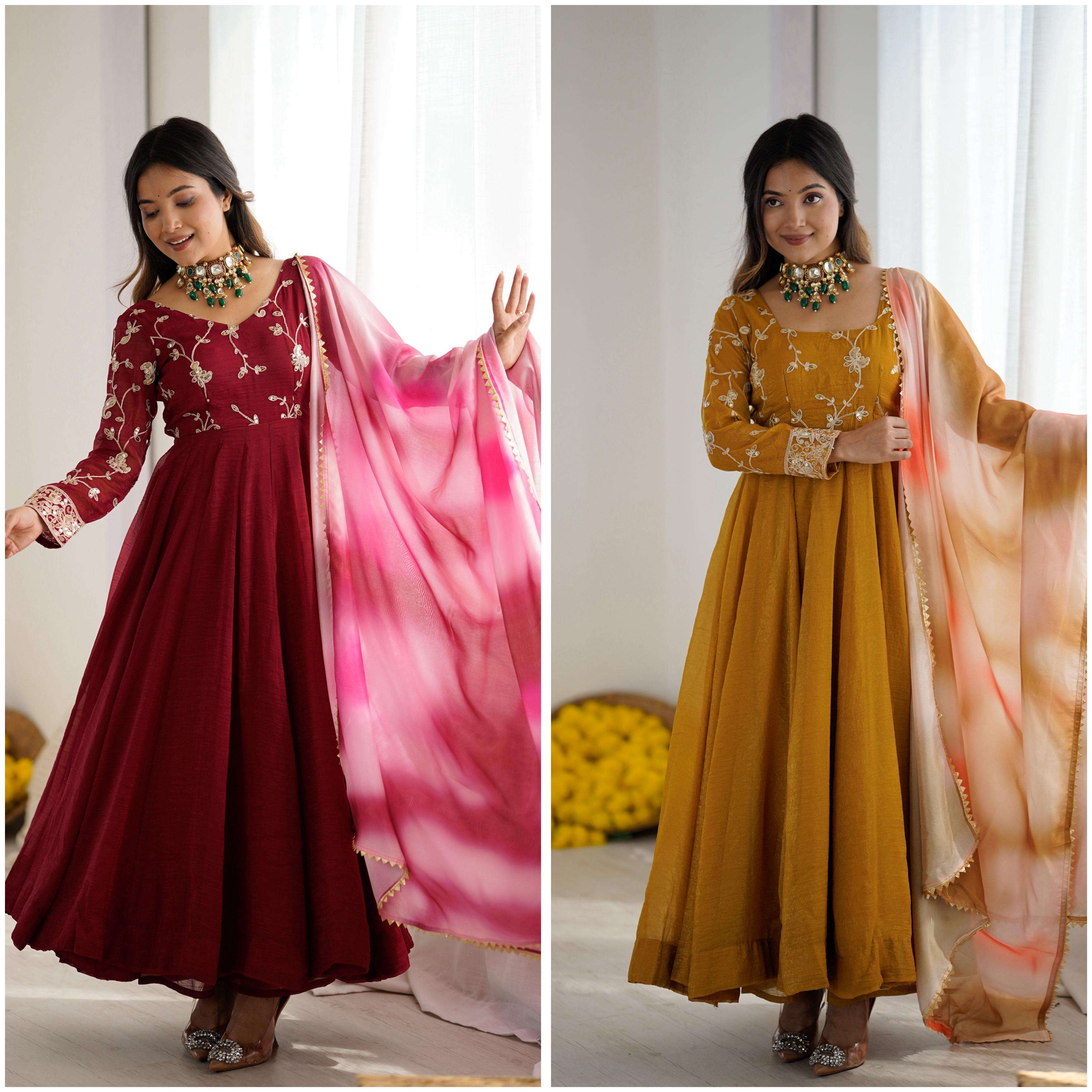 JF 029 SILK SEQUENCE EMBROIDERY DESIGNER WORK GOWN BOTTOM AND DUPATTA SET 