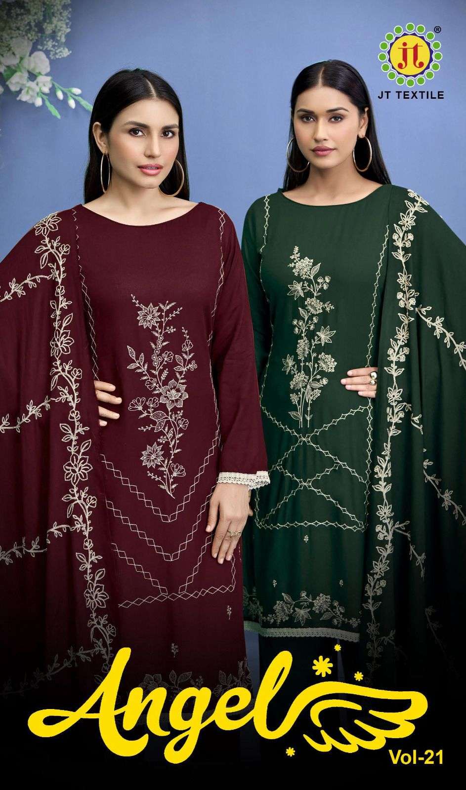 JT ANGEL VOL 21 RAYON FANCY EMBROIDERY WITH LACE WORK SUIT