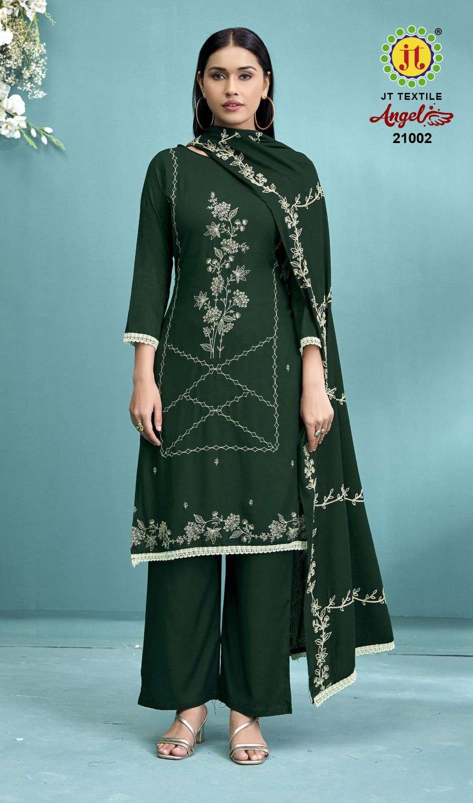 JT ANGEL VOL 21 RAYON FANCY EMBROIDERY WITH LACE WORK SUIT