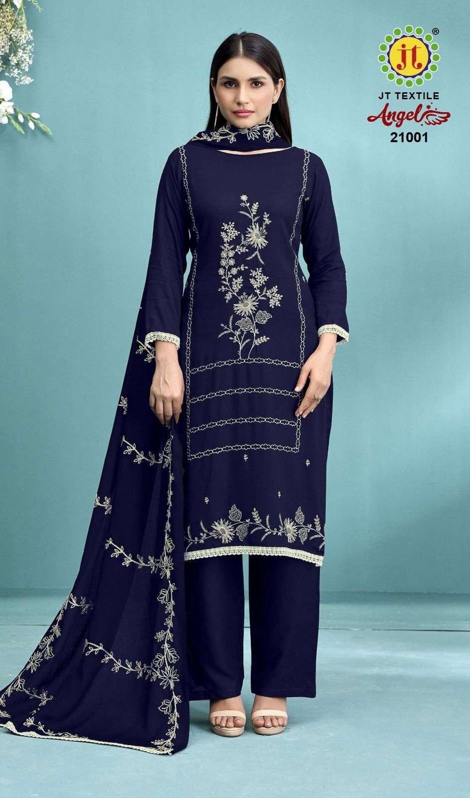 JT ANGEL VOL 21 RAYON FANCY EMBROIDERY WITH LACE WORK SUIT