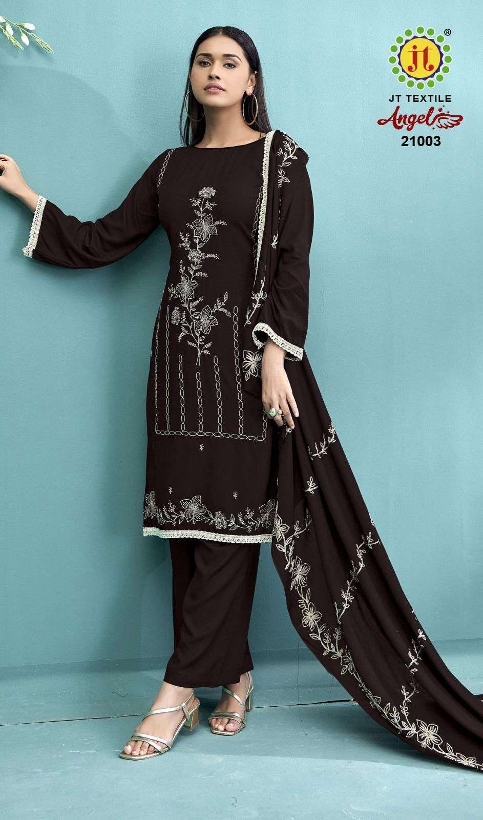 JT ANGEL VOL 21 RAYON FANCY EMBROIDERY WITH LACE WORK SUIT