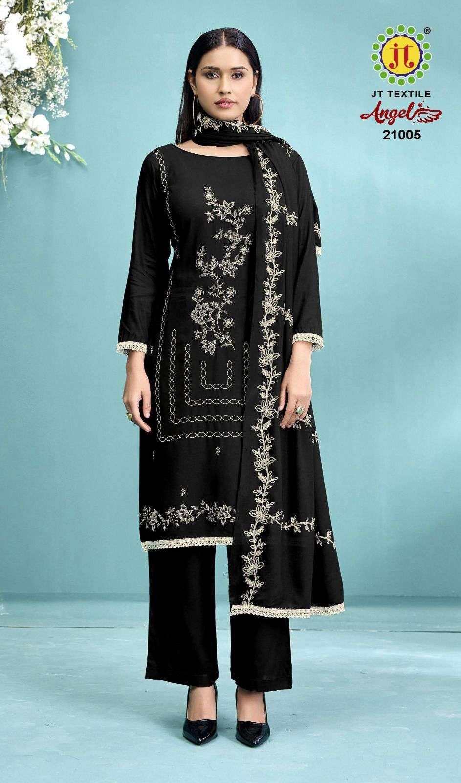 JT ANGEL VOL 21 RAYON FANCY EMBROIDERY WITH LACE WORK SUIT