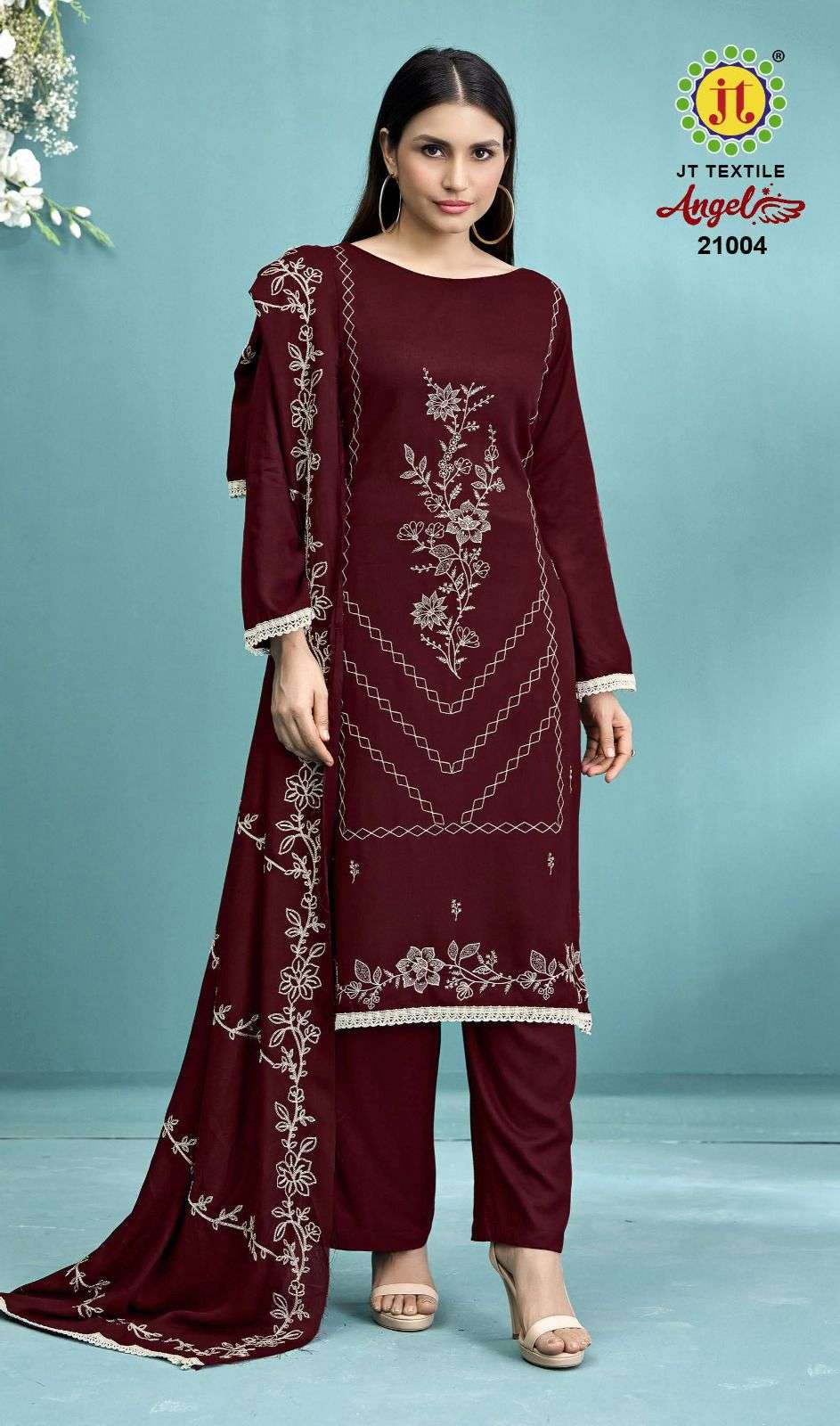 JT ANGEL VOL 21 RAYON FANCY EMBROIDERY WITH LACE WORK SUIT