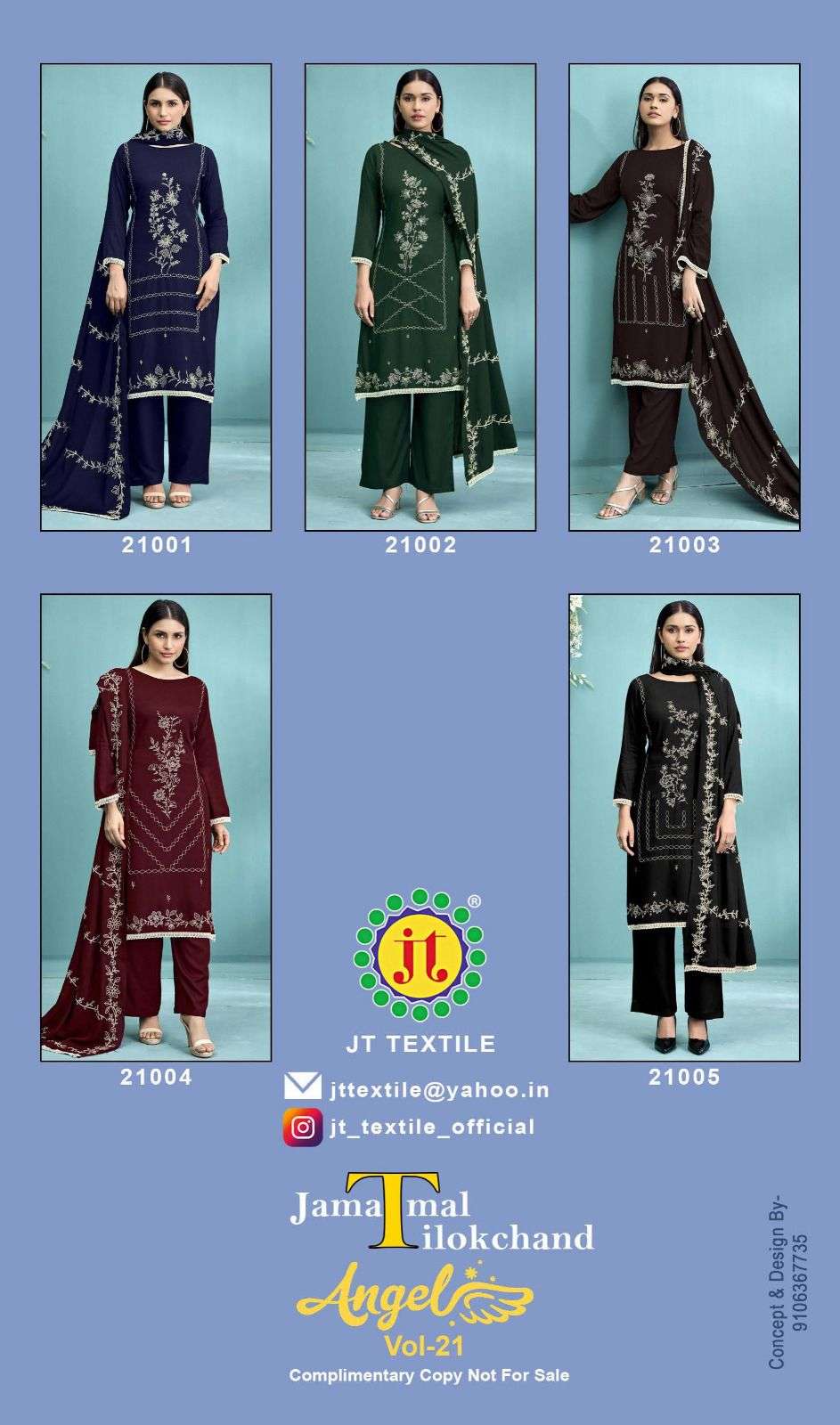 JT ANGEL VOL 21 RAYON FANCY EMBROIDERY WITH LACE WORK SUIT
