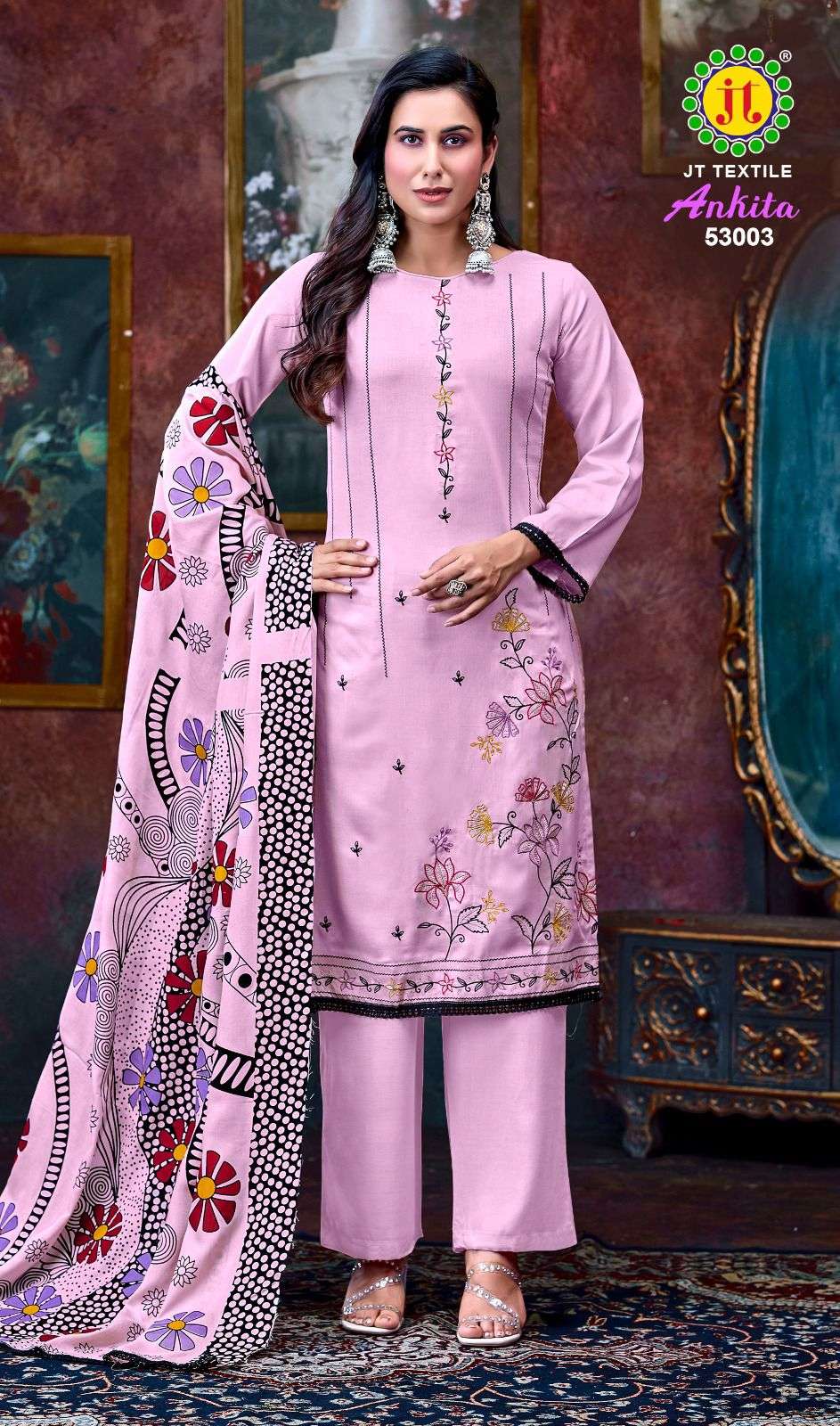 JT ANKITA VOL 53 RAYON PRINTED WITH FANCY WORK SUIT
