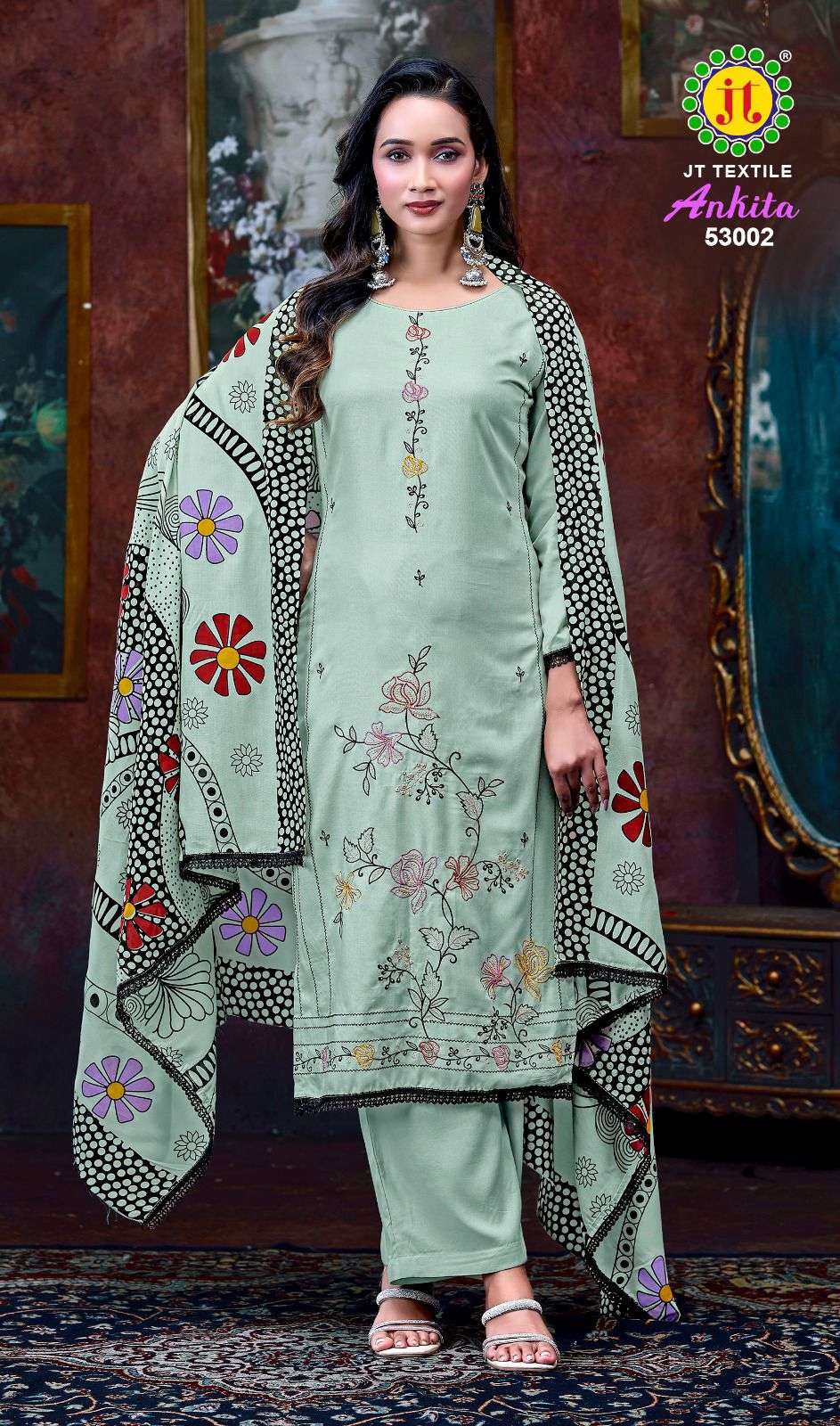 JT ANKITA VOL 53 RAYON PRINTED WITH FANCY WORK SUIT