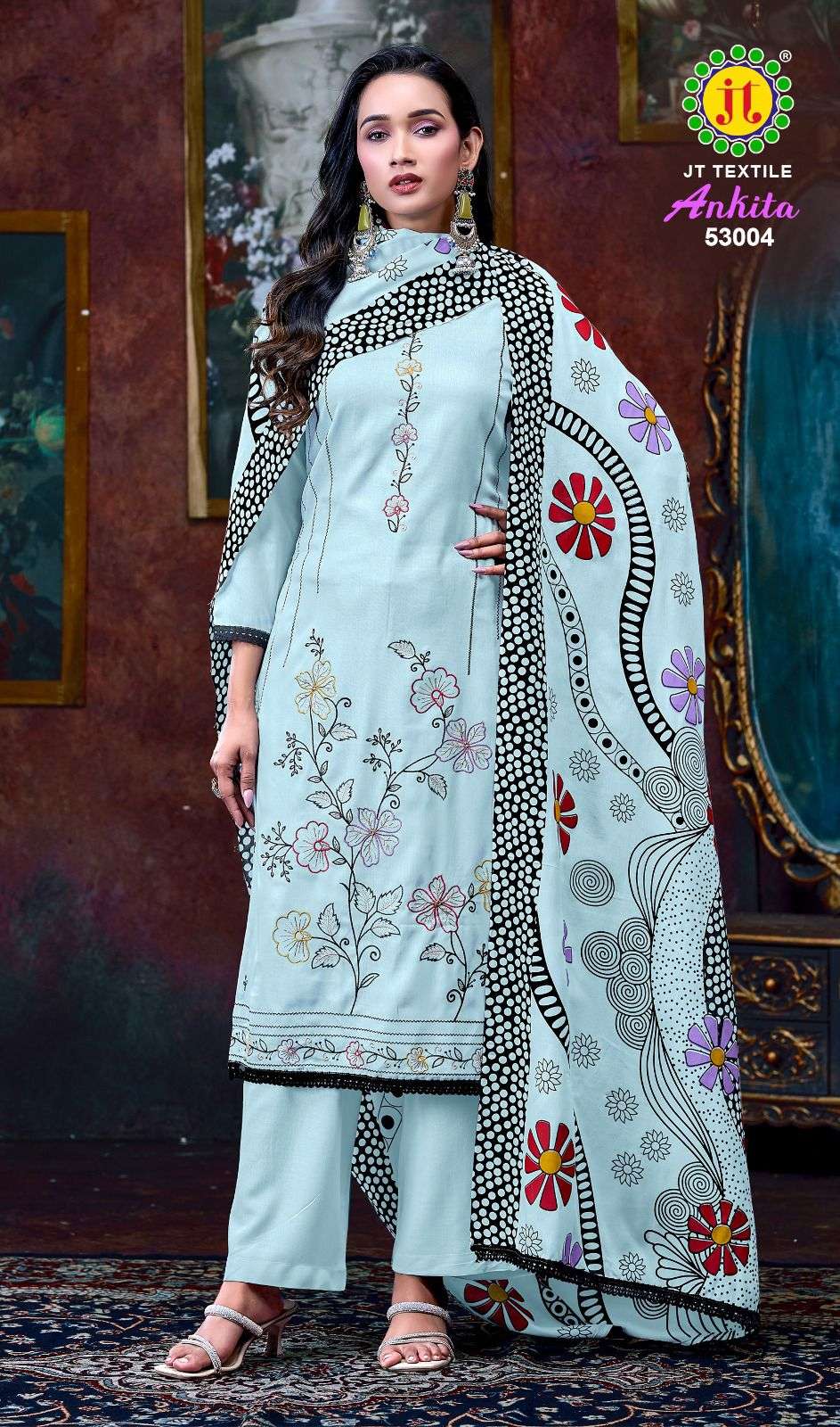 JT ANKITA VOL 53 RAYON PRINTED WITH FANCY WORK SUIT