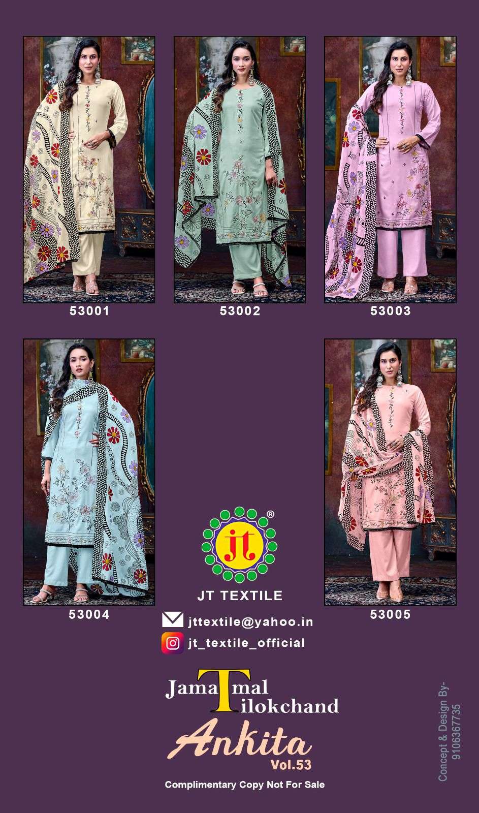 JT ANKITA VOL 53 RAYON PRINTED WITH FANCY WORK SUIT