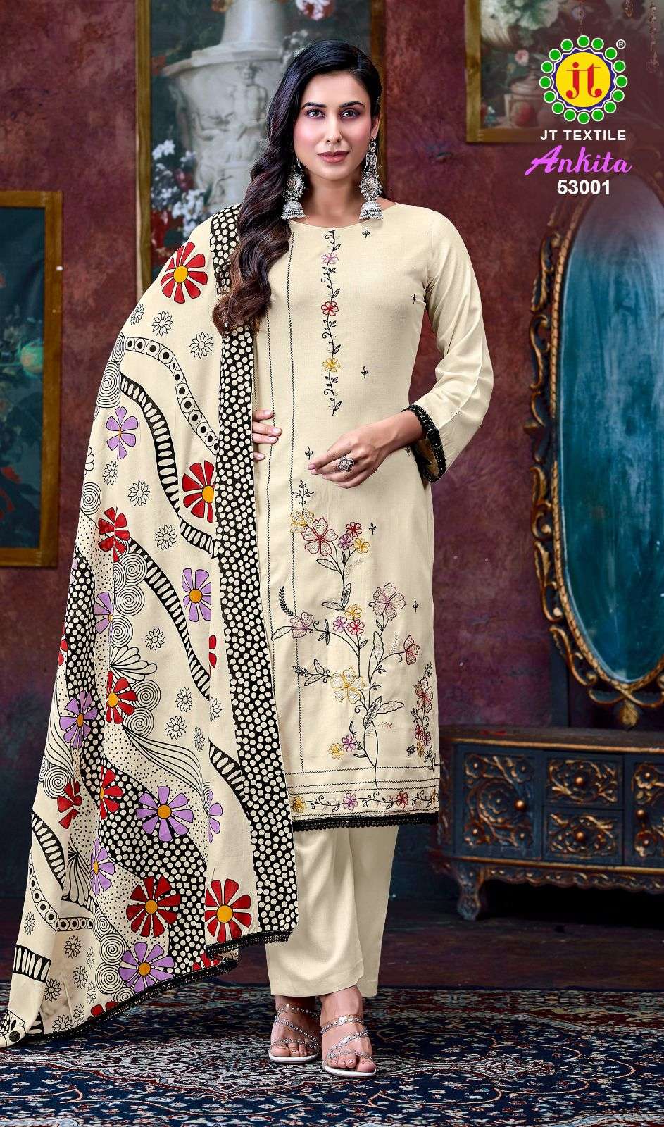 JT ANKITA VOL 53 RAYON PRINTED WITH FANCY WORK SUIT