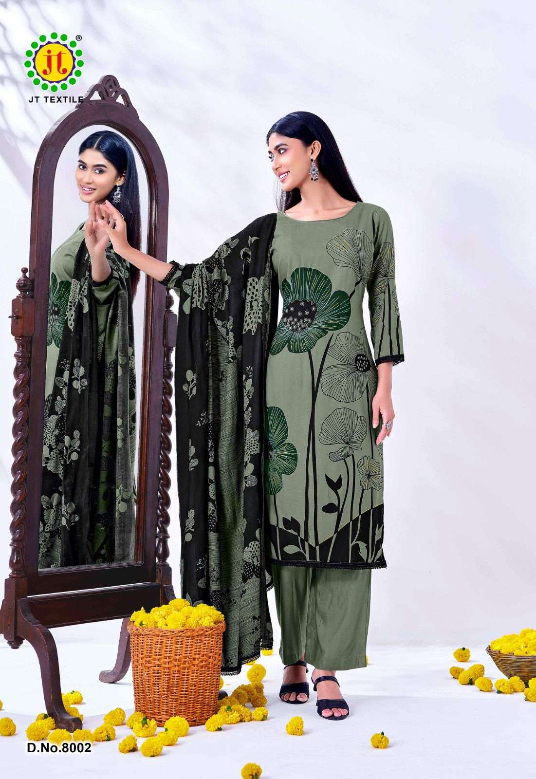 JT NIGAAR VOL 8 RAYON PRINT WITH FANCY LACE WORK SUIT