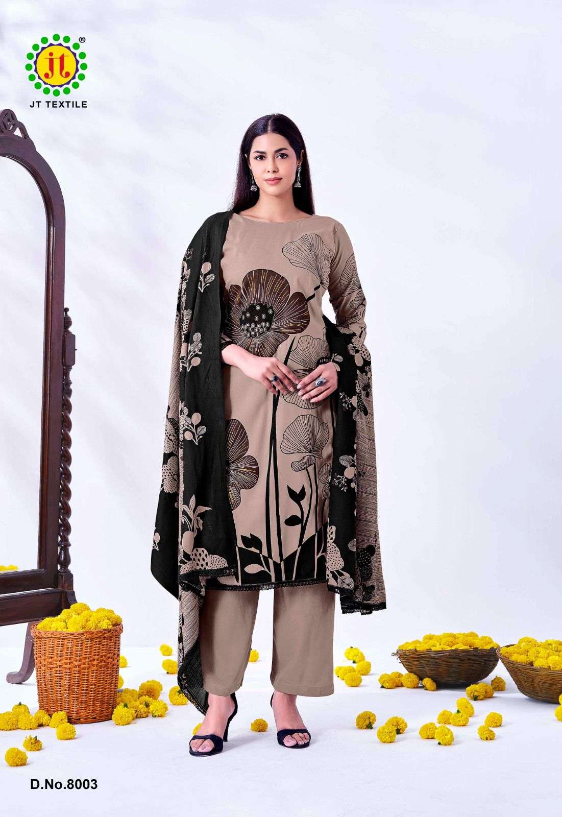 JT NIGAAR VOL 8 RAYON PRINT WITH FANCY LACE WORK SUIT
