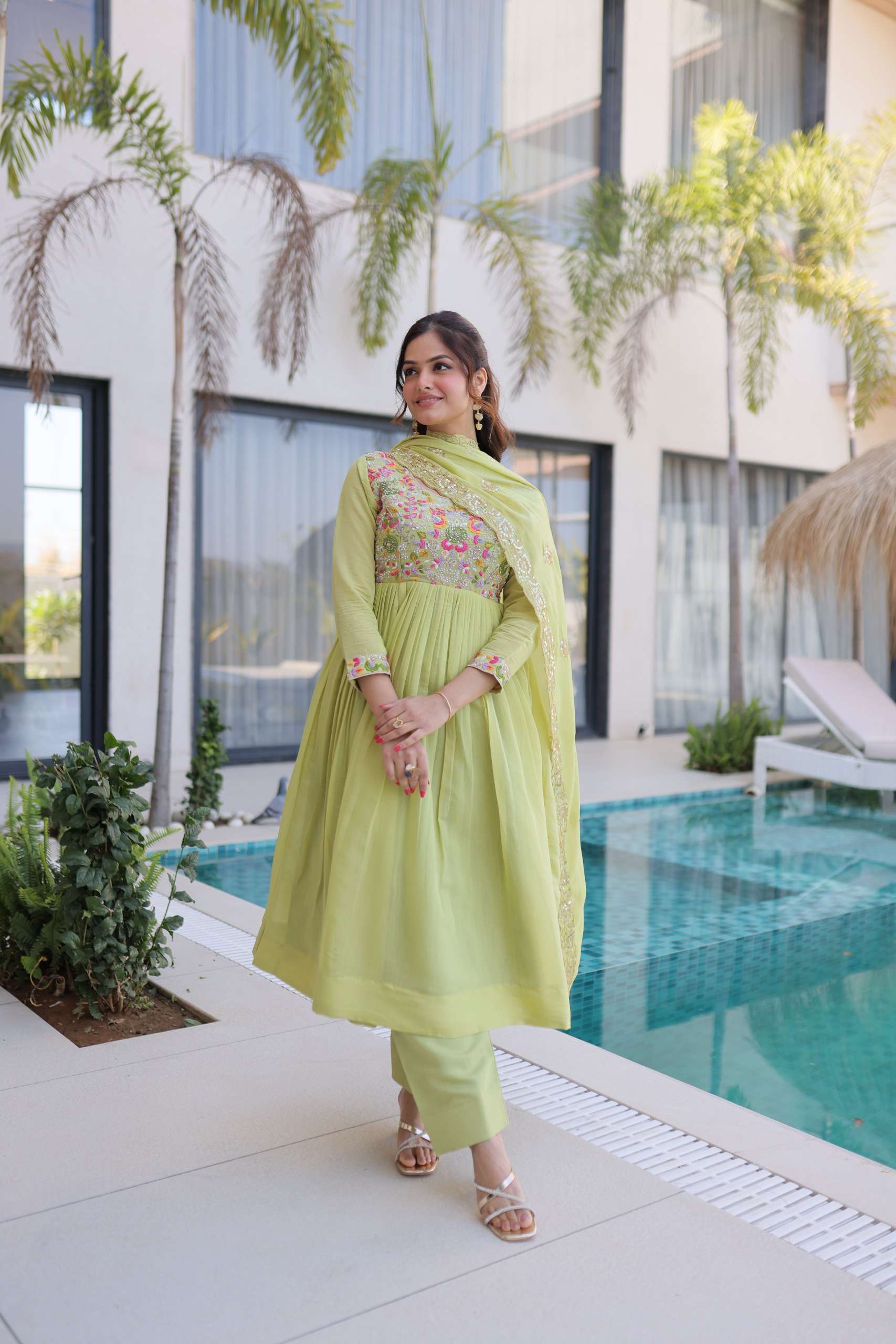 KA 1239 CHANDERI SILK DESIGNER PARTY WEAR GOWN PANT WITH DUPATTA SET 