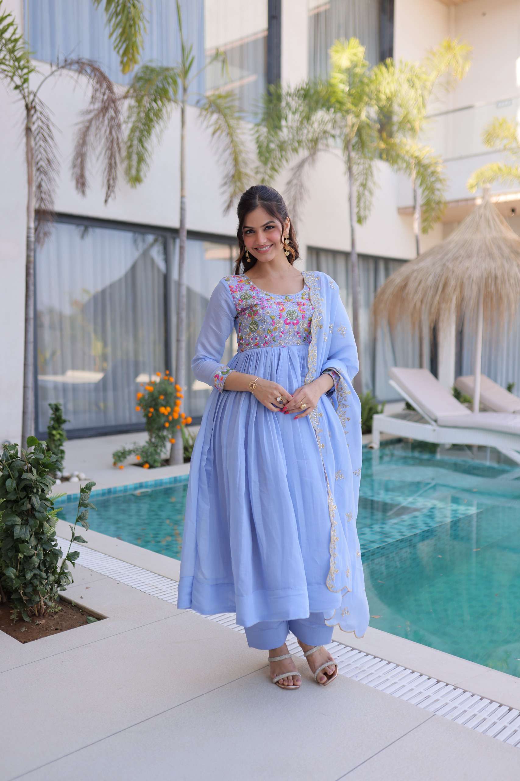 KA 1239 CHANDERI SILK DESIGNER PARTY WEAR GOWN PANT WITH DUPATTA SET 