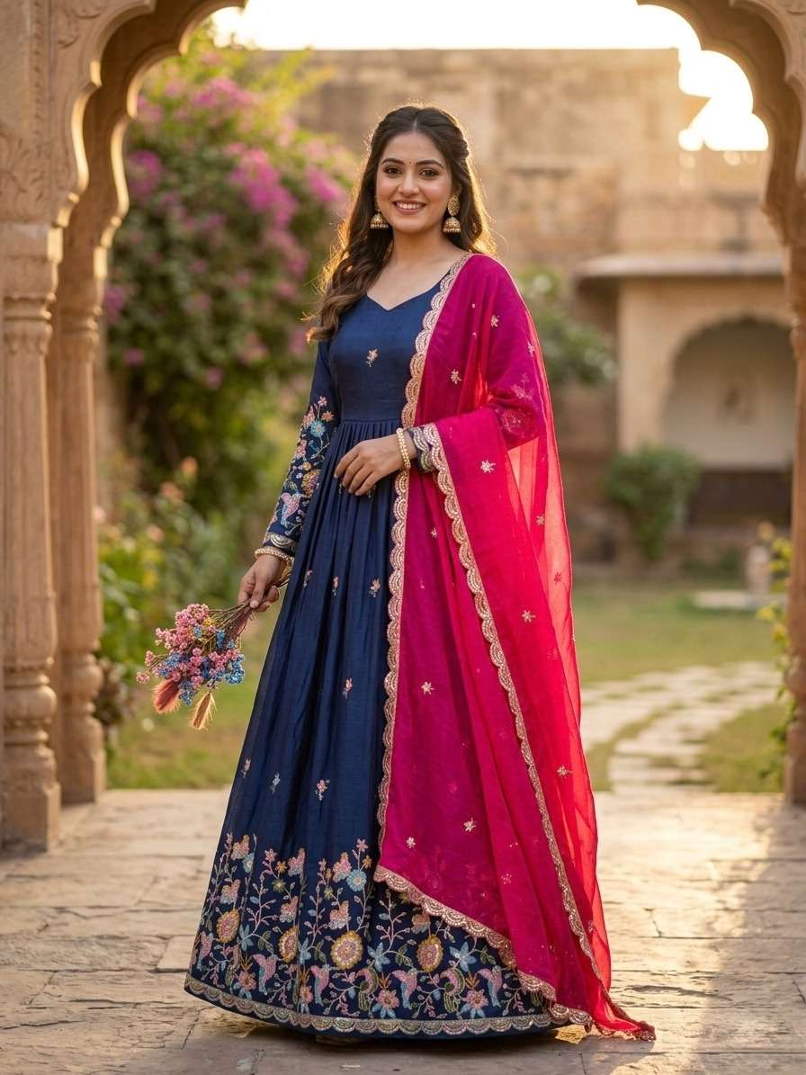 KA 1262 SILK DESIGNER WORK PARTY WEAR ANARKALI WITH DUPATTA SET 
