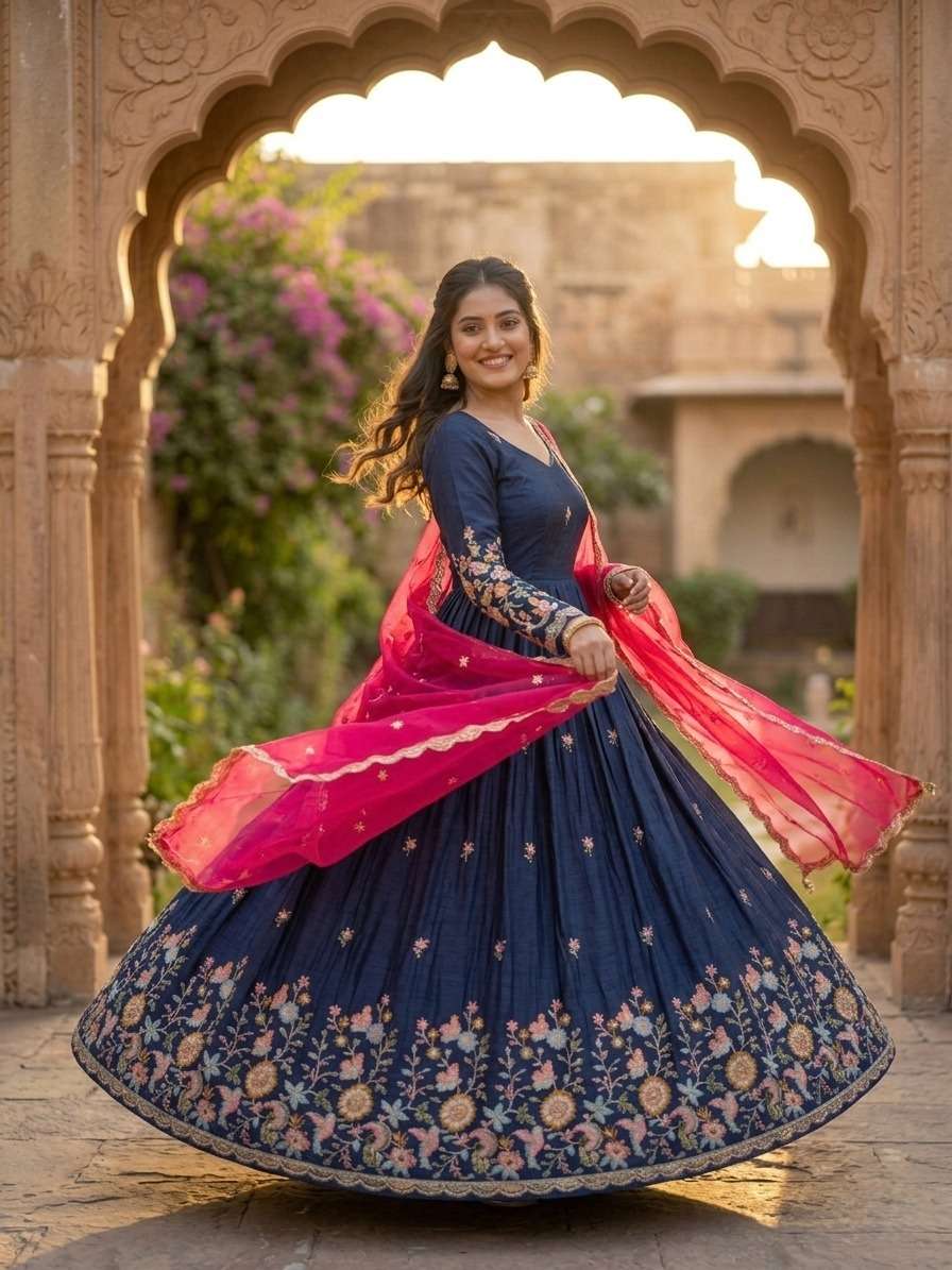 KA 1262 SILK DESIGNER WORK PARTY WEAR ANARKALI WITH DUPATTA SET 