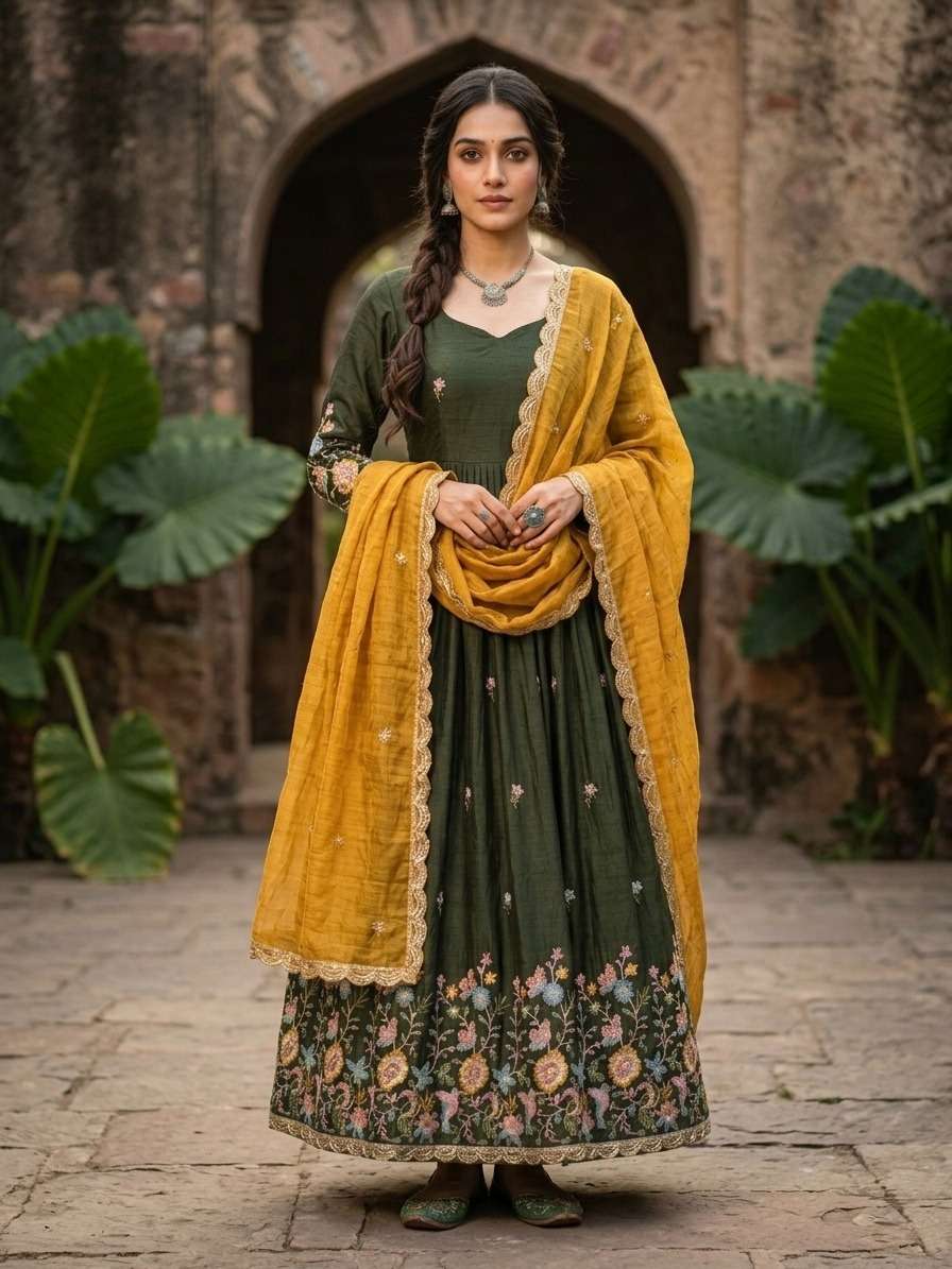 KA 1262 SILK DESIGNER WORK PARTY WEAR ANARKALI WITH DUPATTA SET 