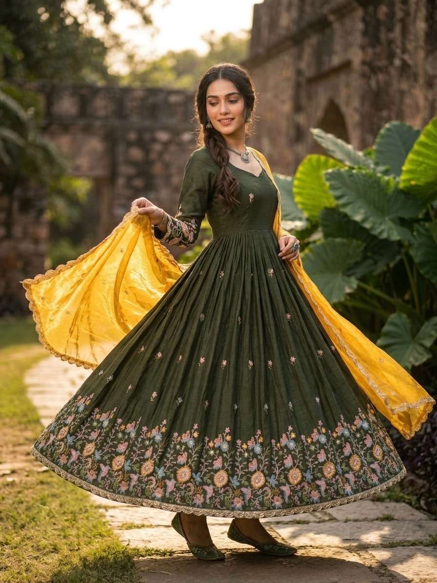 KA 1262 SILK DESIGNER WORK PARTY WEAR ANARKALI WITH DUPATTA SET 