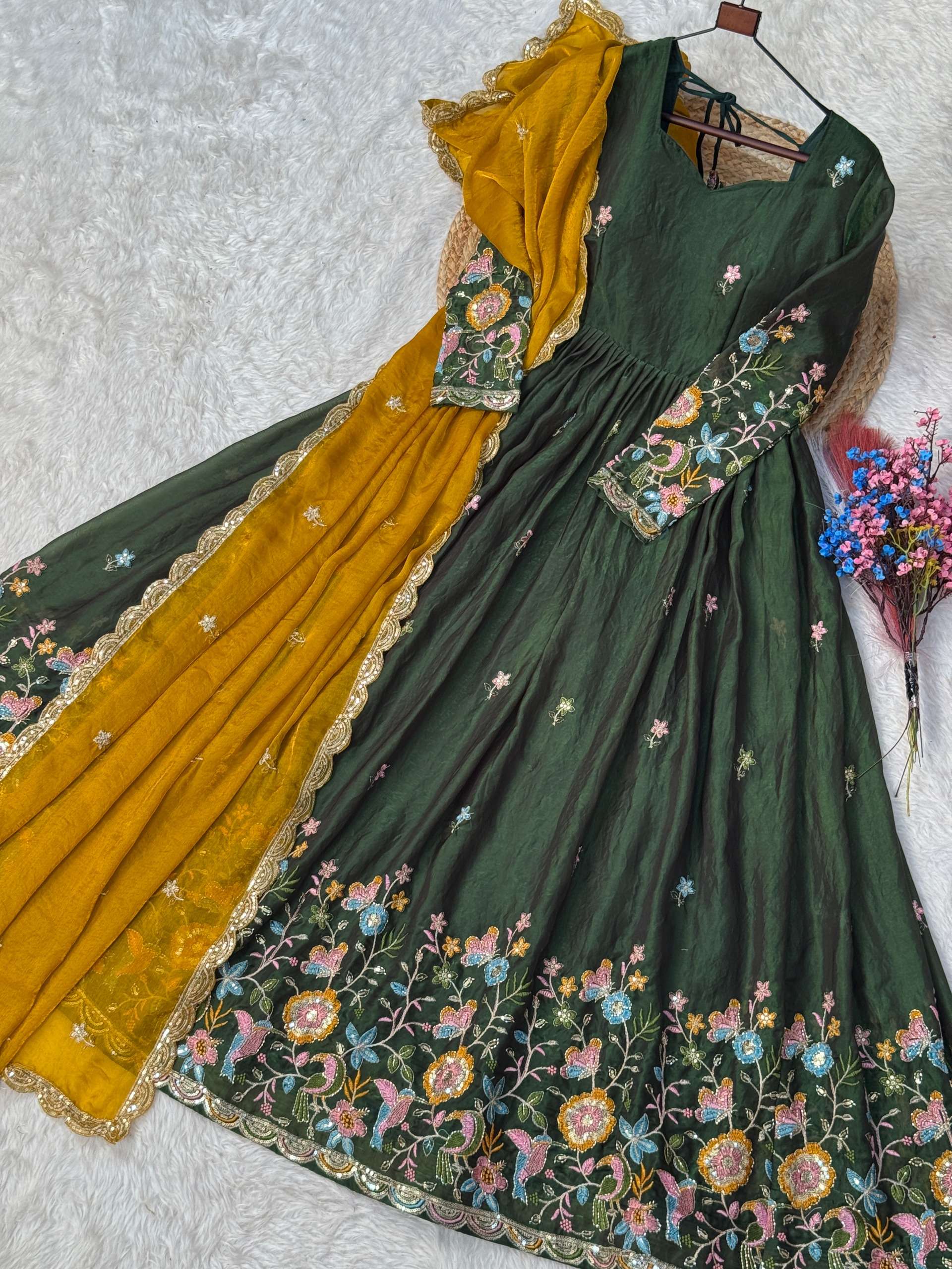 KA 1262 SILK DESIGNER WORK PARTY WEAR ANARKALI WITH DUPATTA SET 