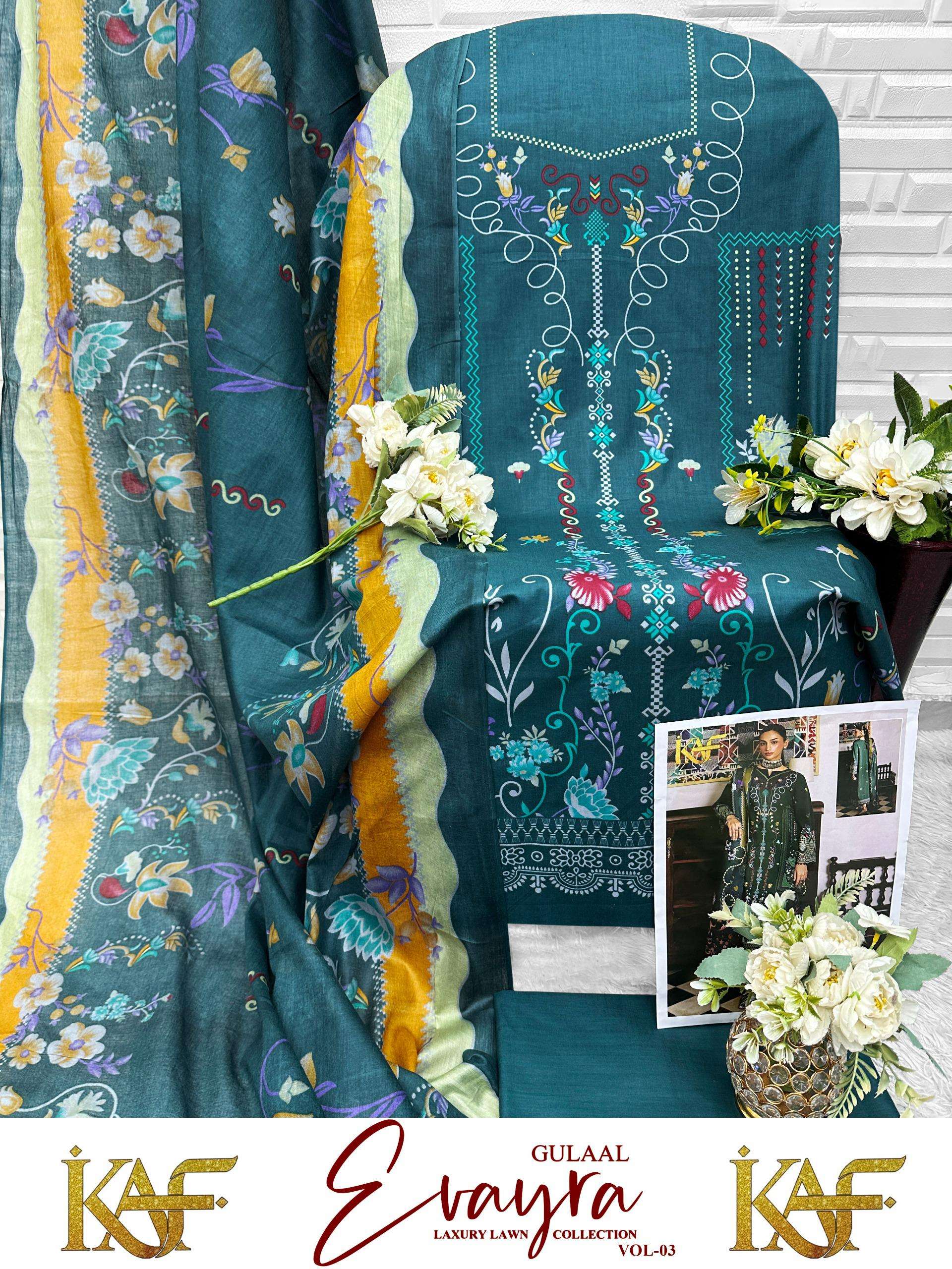 KAF FABRIC EVAYRA GULAAL LUXURY LAWN COLLECTION VOL 3 DIGITAL PRINT COTTON SALWAR SUIT