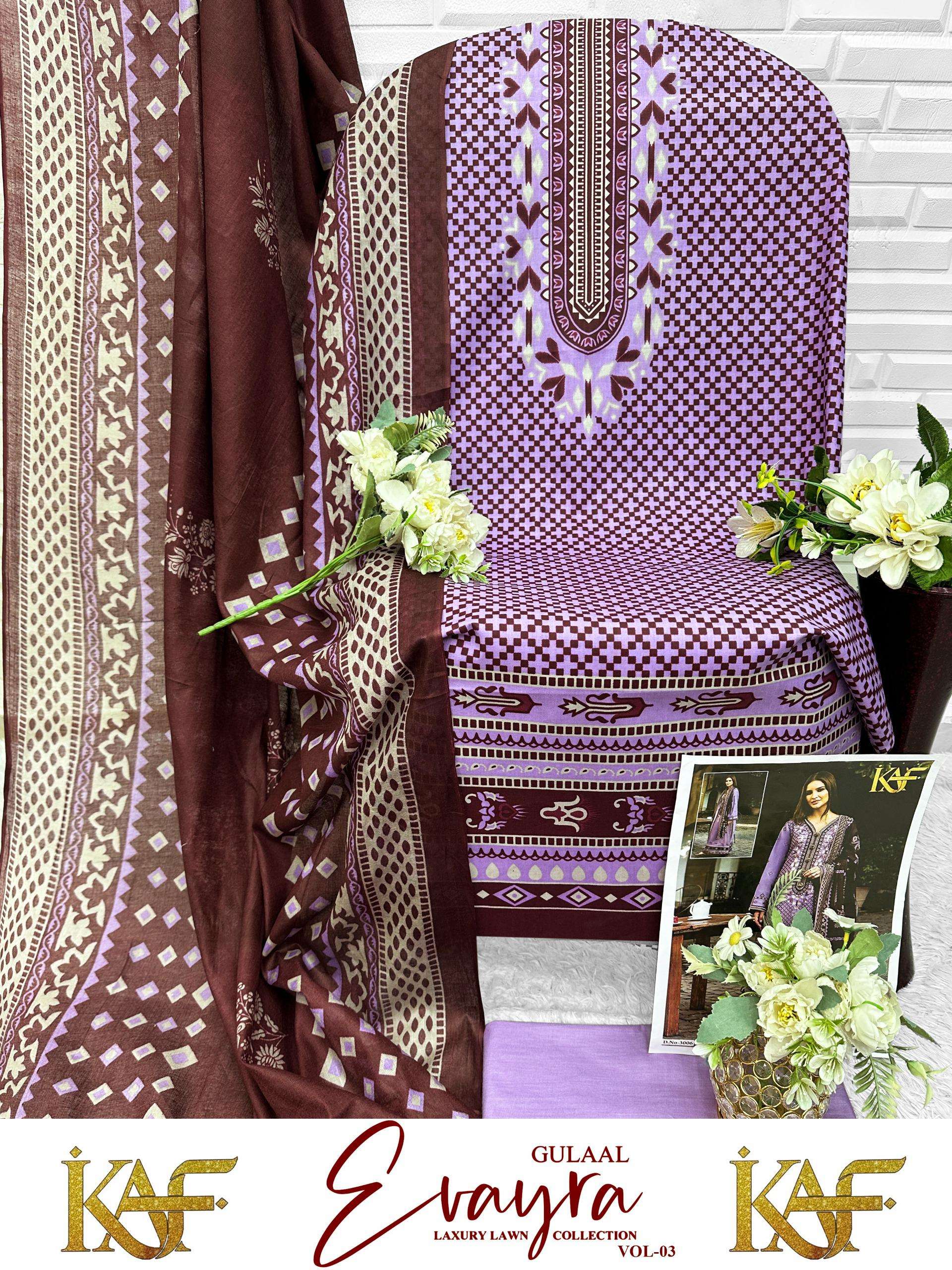 KAF FABRIC EVAYRA GULAAL LUXURY LAWN COLLECTION VOL 3 DIGITAL PRINT COTTON SALWAR SUIT