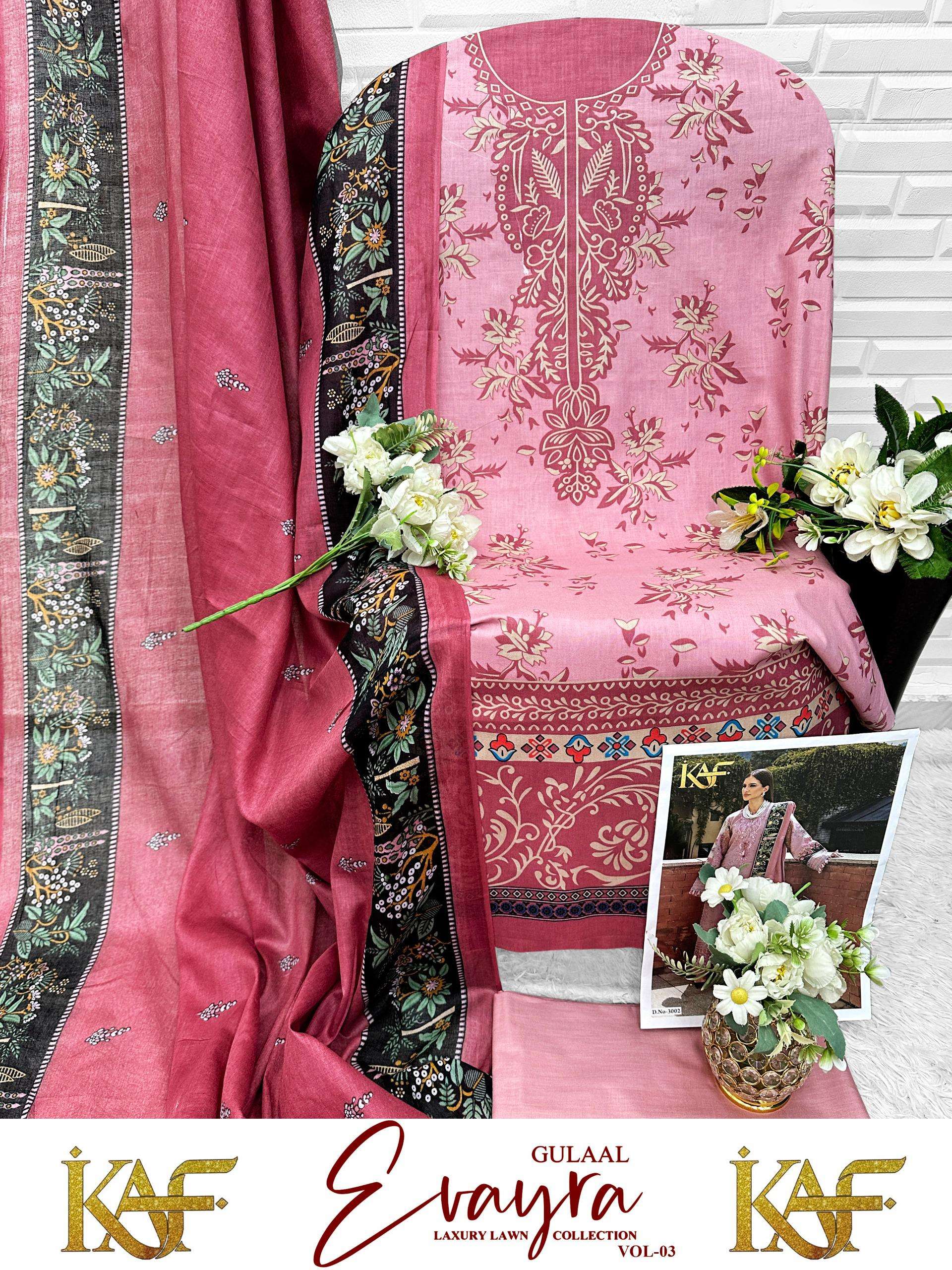 KAF FABRIC EVAYRA GULAAL LUXURY LAWN COLLECTION VOL 3 DIGITAL PRINT COTTON SALWAR SUIT