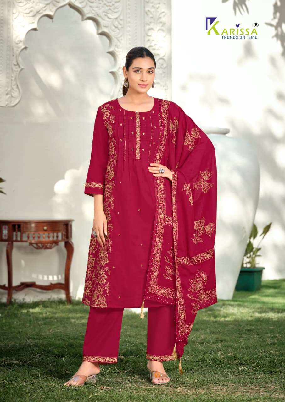 KARISSA MANNAT COTTON FANCY WORK LADIES A LINE PATTERN KURTI WITH BOTTOM AND DUPATTA SET 