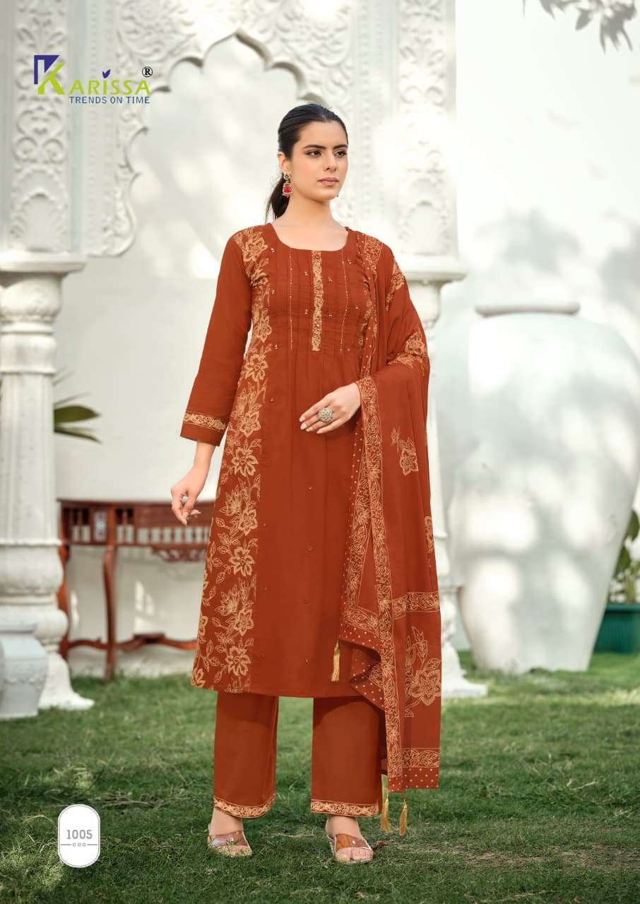 KARISSA MANNAT COTTON FANCY WORK LADIES A LINE PATTERN KURTI WITH BOTTOM AND DUPATTA SET 