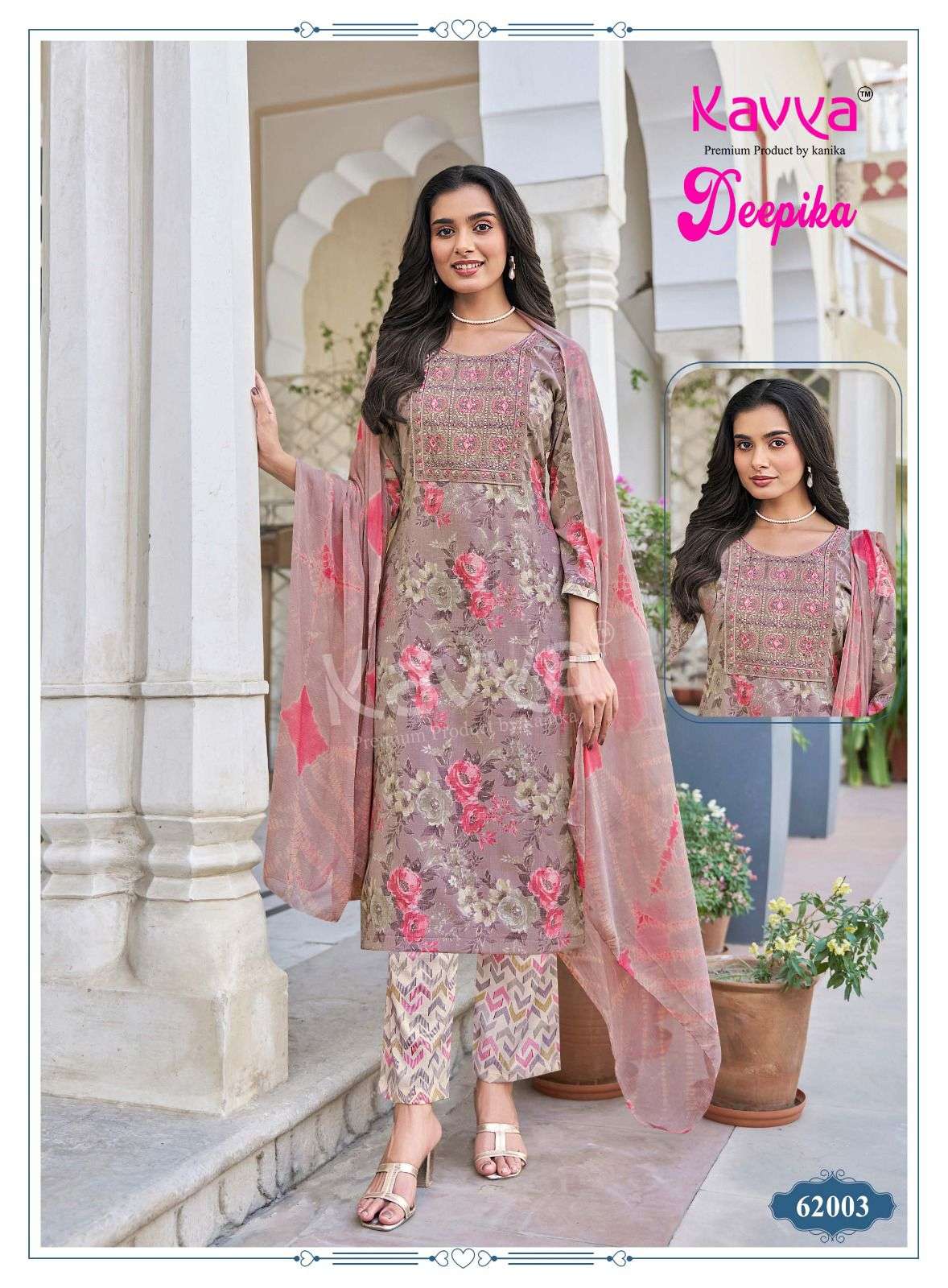 KAVYA DEEPIKA VOL 62 FANCY STRAIGHT KURTI BOTTOM AND NAZLEEN DUPATTA SET