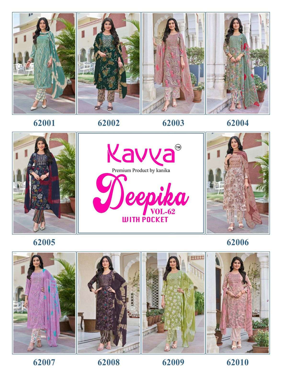 KAVYA DEEPIKA VOL 62 FANCY STRAIGHT KURTI BOTTOM AND NAZLEEN DUPATTA SET