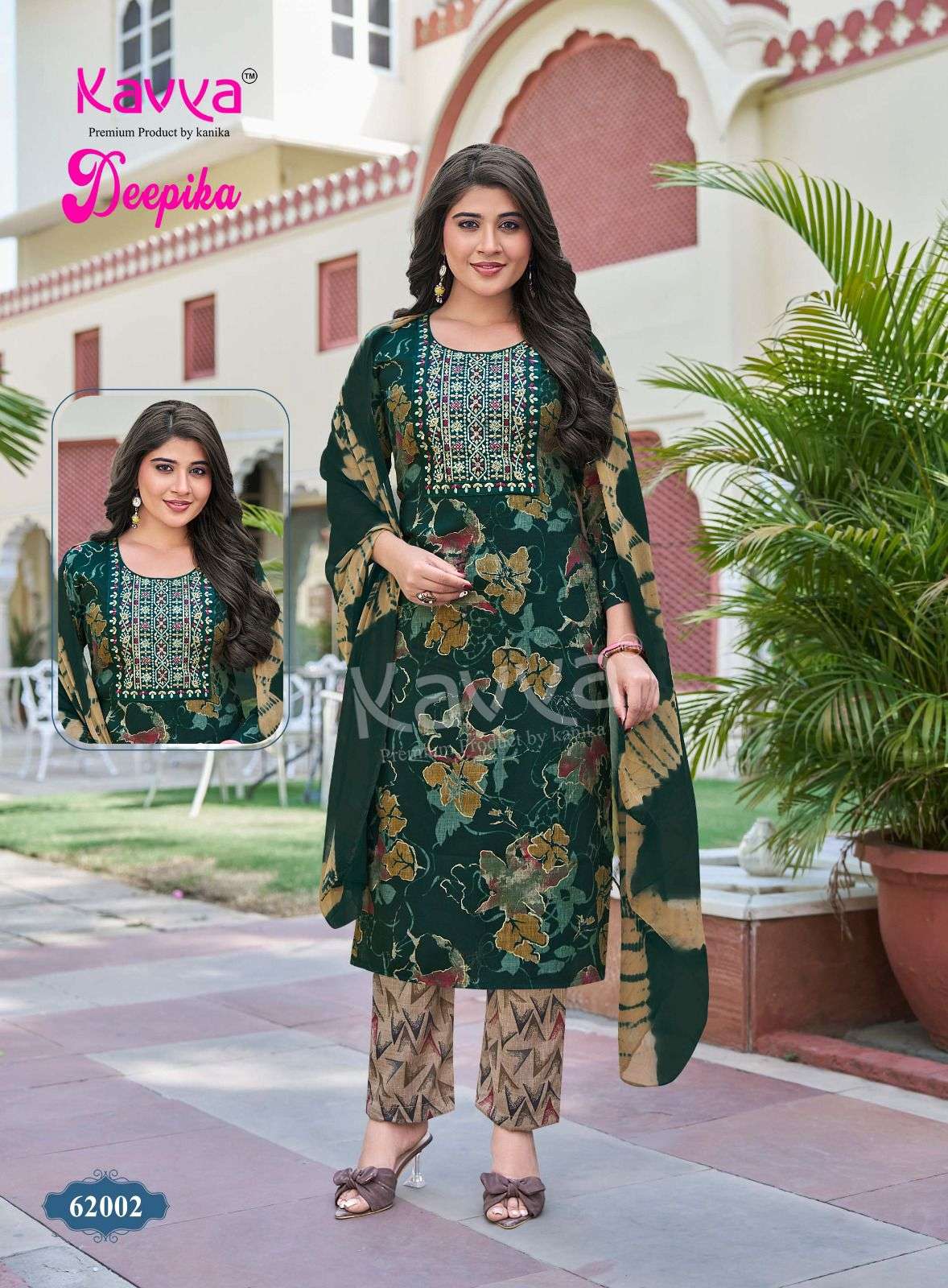 KAVYA DEEPIKA VOL 62 FANCY STRAIGHT KURTI BOTTOM AND NAZLEEN DUPATTA SET