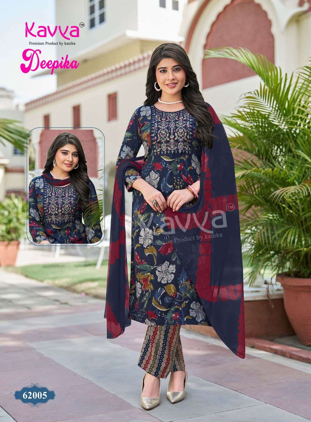 KAVYA DEEPIKA VOL 62 FANCY STRAIGHT KURTI BOTTOM AND NAZLEEN DUPATTA SET