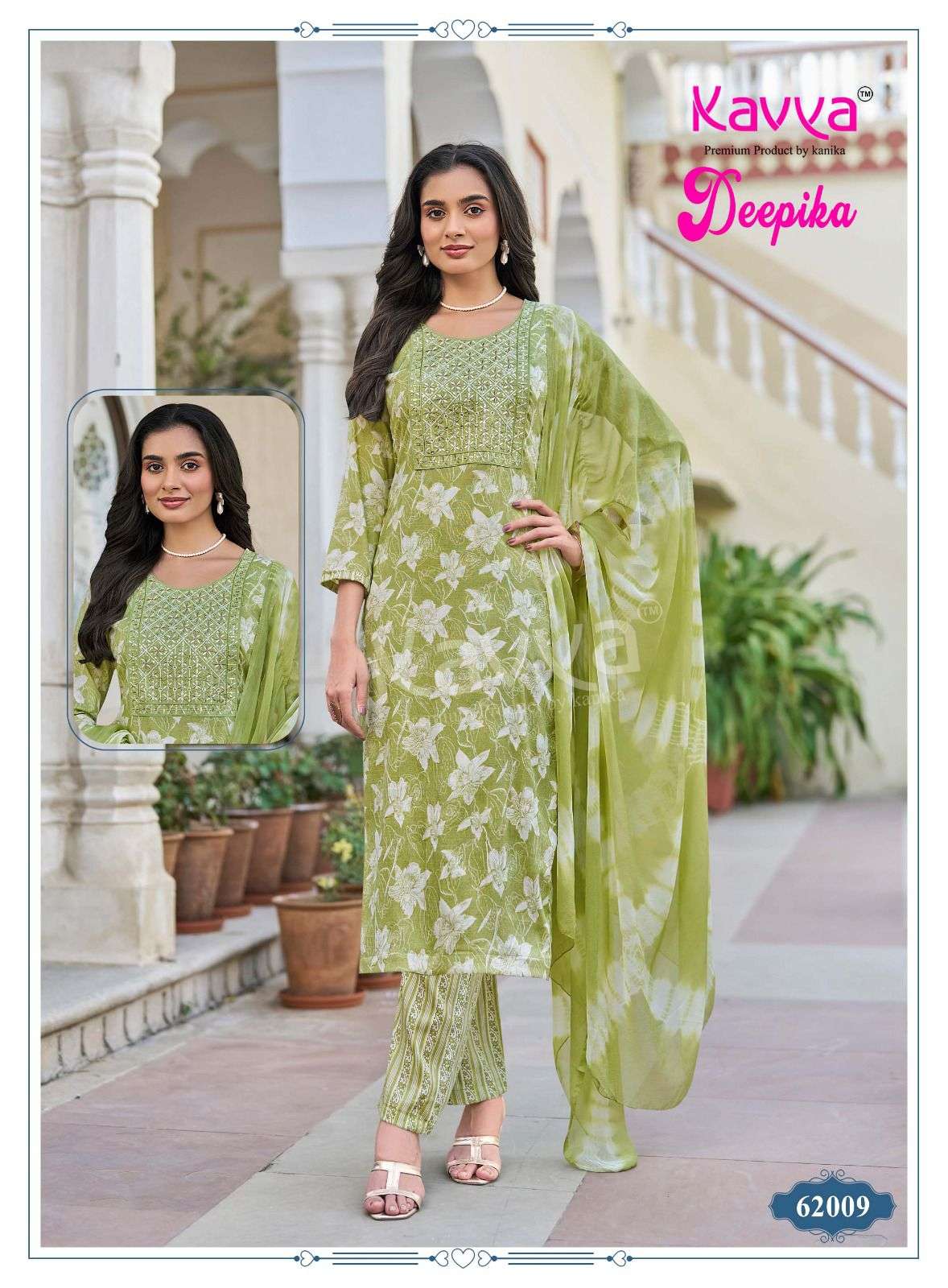 KAVYA DEEPIKA VOL 62 FANCY STRAIGHT KURTI BOTTOM AND NAZLEEN DUPATTA SET