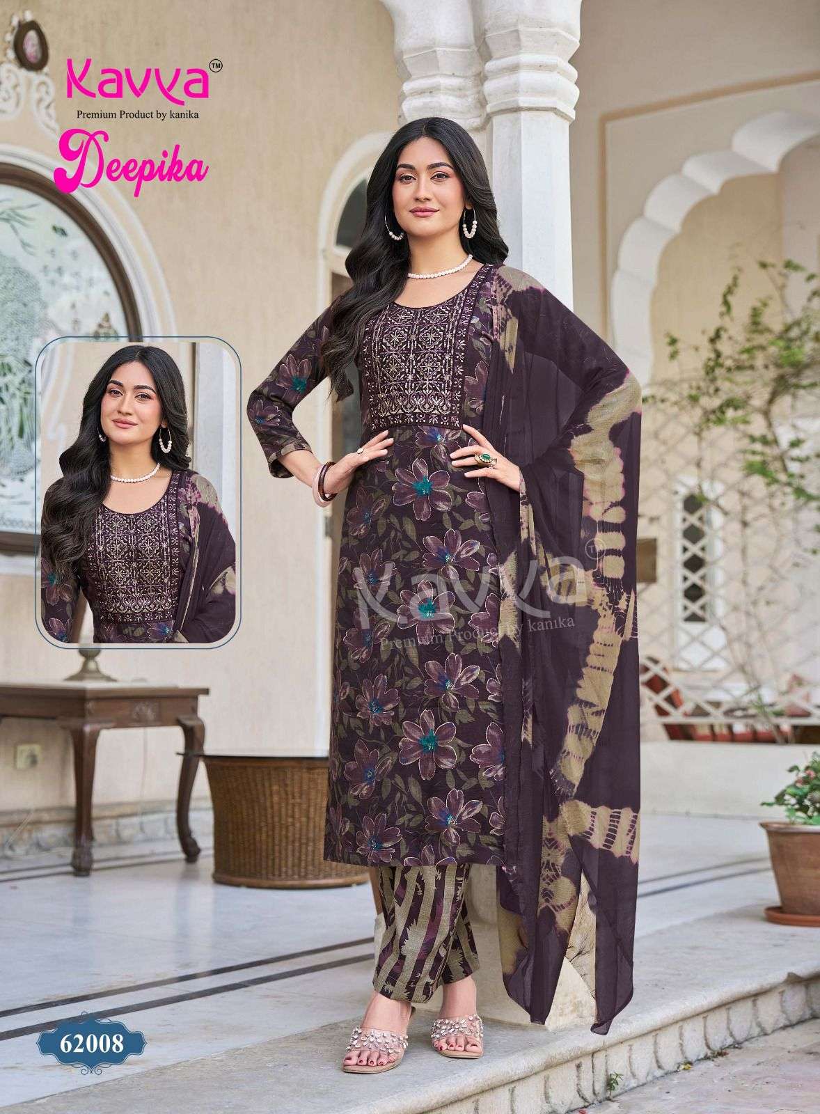 KAVYA DEEPIKA VOL 62 FANCY STRAIGHT KURTI BOTTOM AND NAZLEEN DUPATTA SET