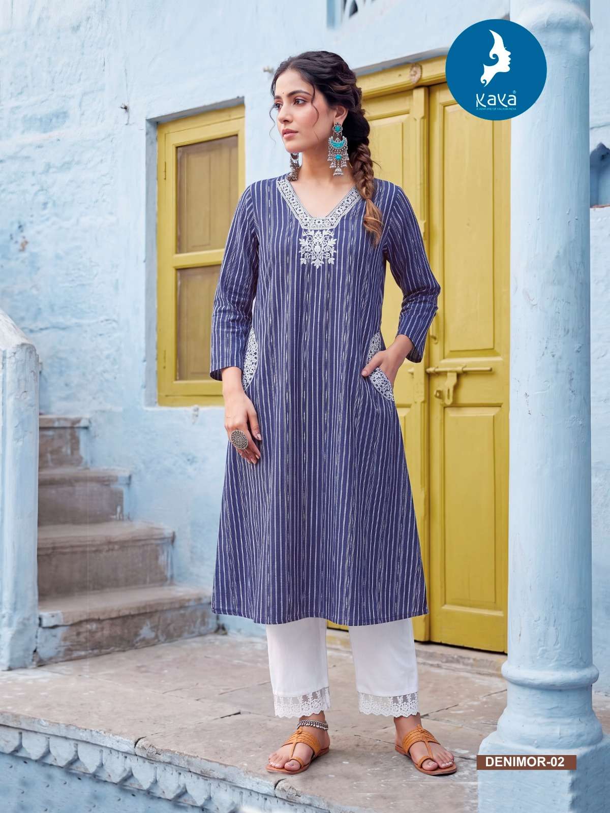 KAYA DENIMOR FANCY WORK LADIES ANARKALI STYLE KURTI WITH BOTTOM PAIR 