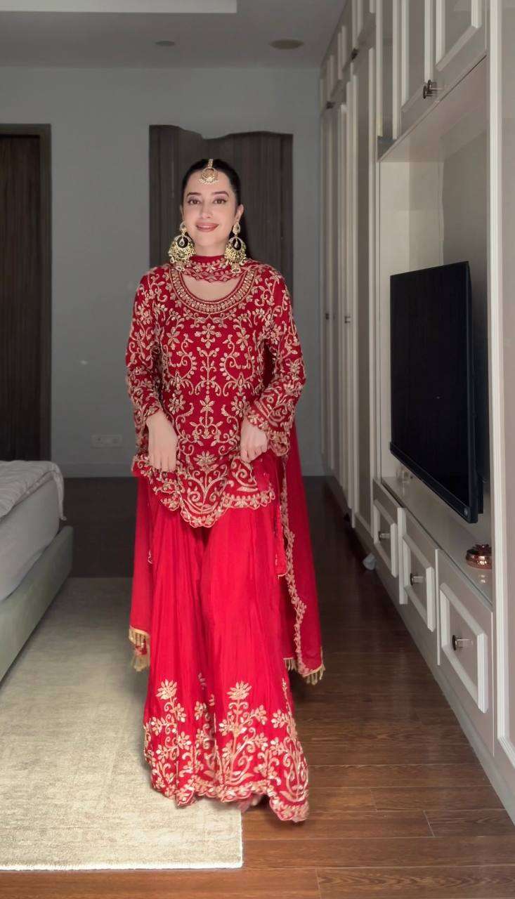 KD 1612 GORGEOUS RED SHADE HEAVY WEDDING FUNCTION WEAR LADIES SHARARA SUIT