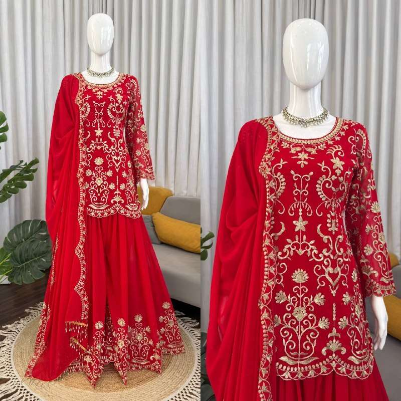 KD 1612 GORGEOUS RED SHADE HEAVY WEDDING FUNCTION WEAR LADIES SHARARA SUIT