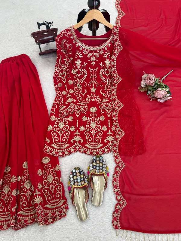 KD 1612 GORGEOUS RED SHADE HEAVY WEDDING FUNCTION WEAR LADIES SHARARA SUIT