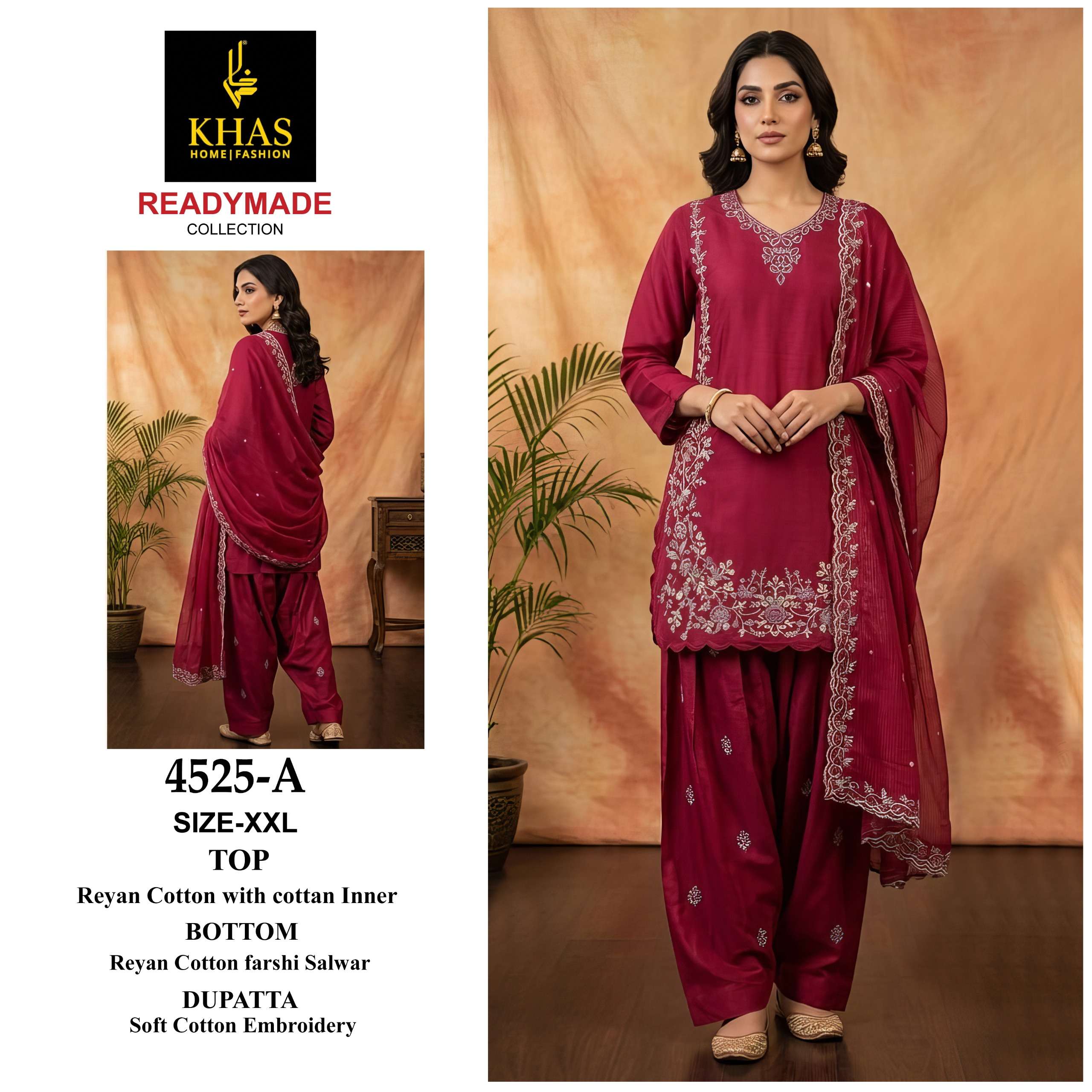 KHAS FASHION D NO 4525 COTTON HEAVY EMBROIDERY DESIGNER READY MADE SUIT
