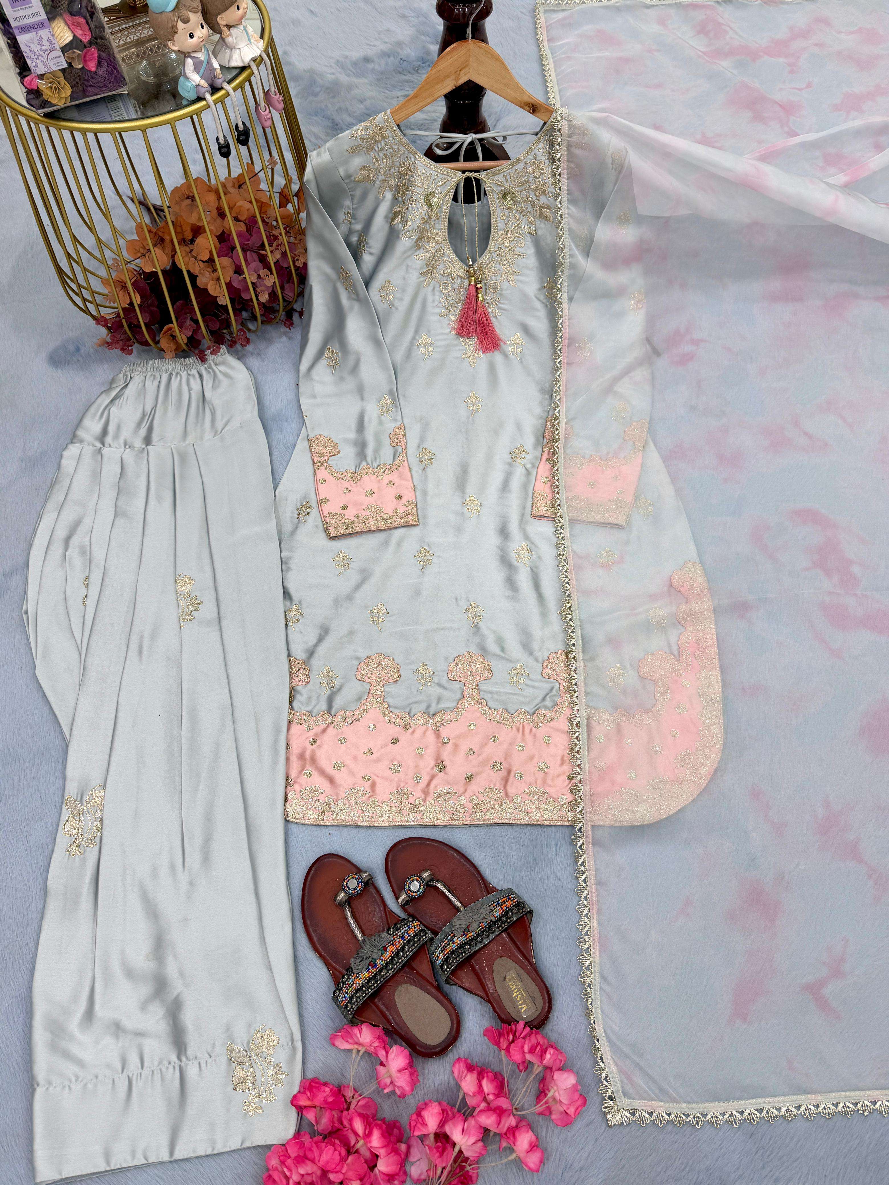 LADY LOOK 042 SATIN SILK SEQUENCE EMBROIDERY DESIGNER WORK FUNCTION WEAR LADIES SUIT