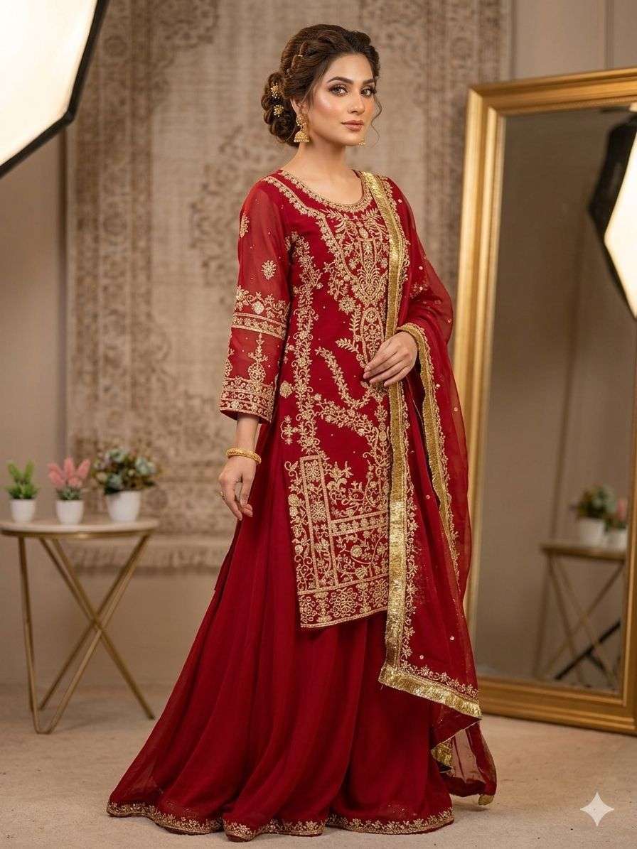 LG 2086 MAROON GEORGETTE HEAVY EMBROIDERED DESIGNER WEDDING WEAR LADIES SUIT