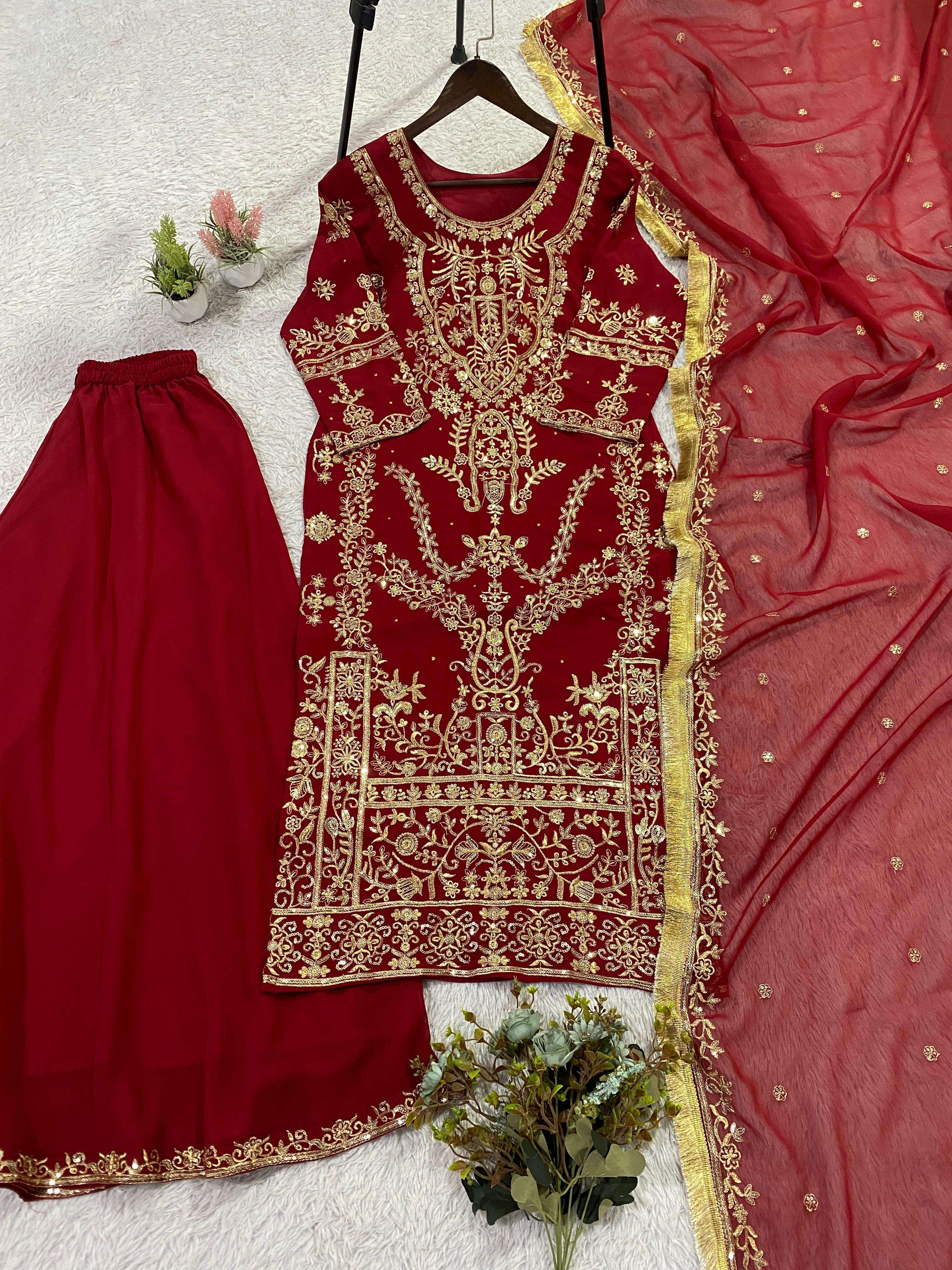 LG 2086 MAROON GEORGETTE HEAVY EMBROIDERED DESIGNER WEDDING WEAR LADIES SUIT