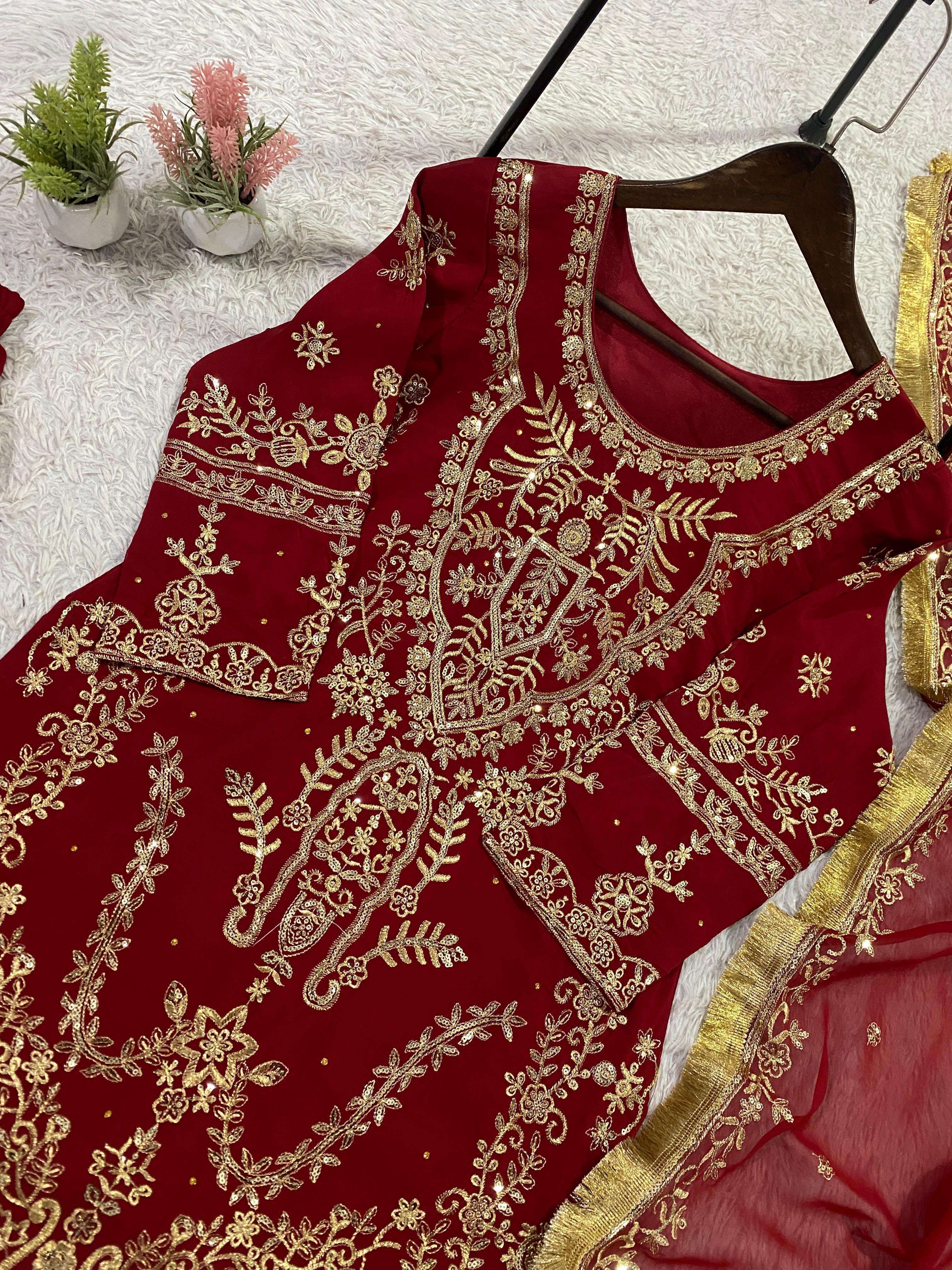 LG 2086 MAROON GEORGETTE HEAVY EMBROIDERED DESIGNER WEDDING WEAR LADIES SUIT